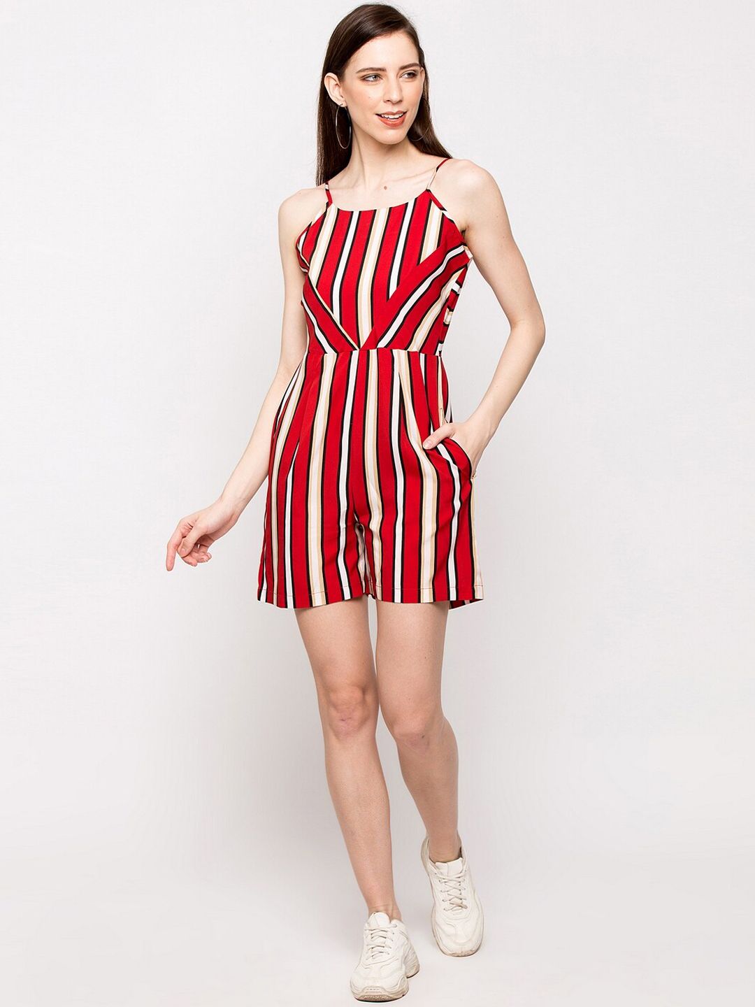 Slenor Women Red Striped Playsuit Price in India