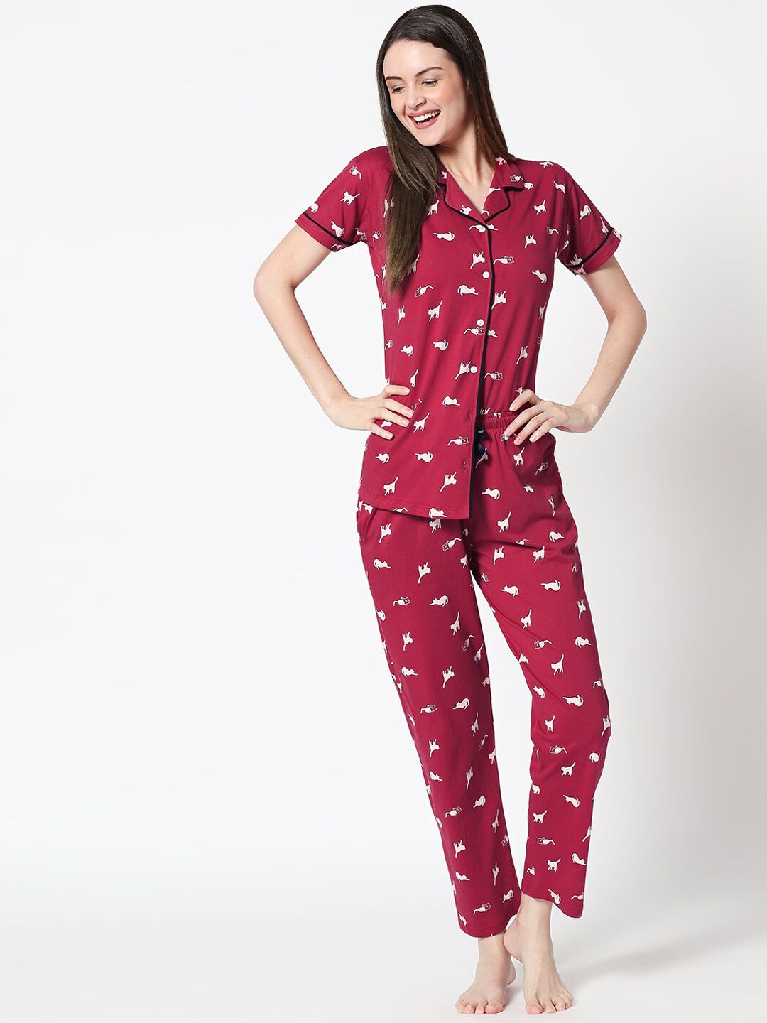 Zeyo Women Red Printed Night suit Price in India