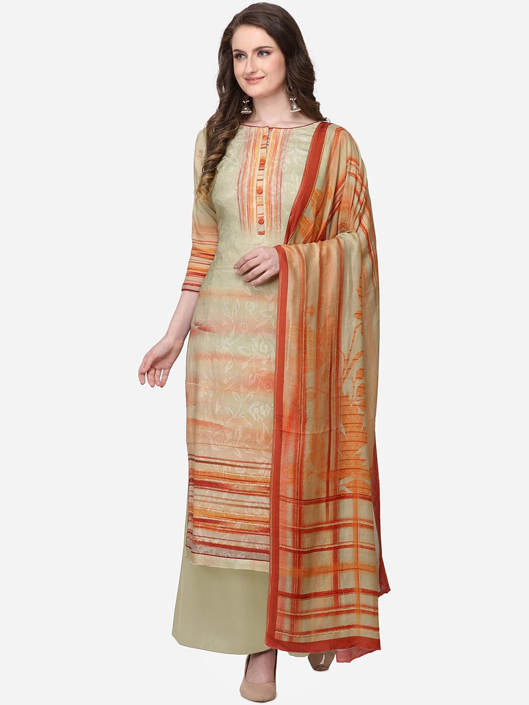 Stylee LIFESTYLE Orange & Green Silk Blend Unstitched Dress Material Price in India