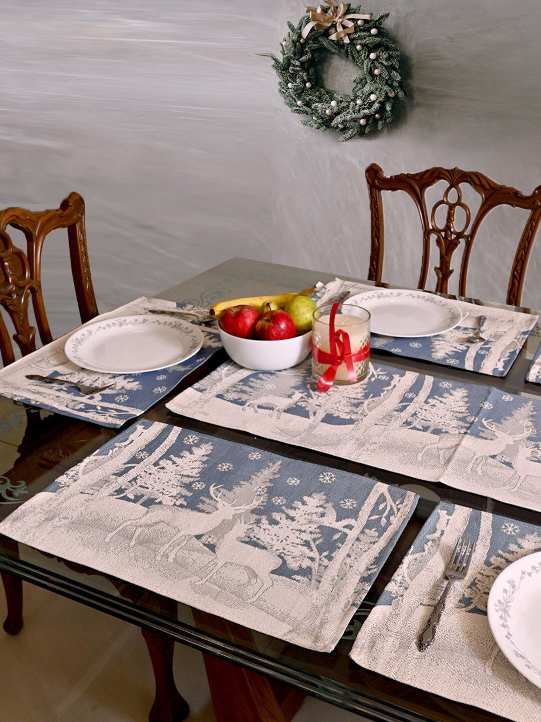 AVI Living 7 Pieces Blue & Beige Jaquard Woven Snow Tops Table Mats & Runner Price in India