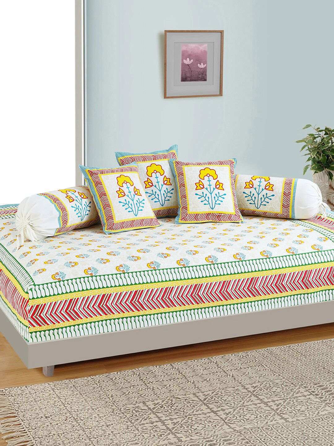 Salona Bichona Set Of 6 Off-White & Blue Printed 120 TC Bedsheet With Bolster & Cushion Covers Price in India