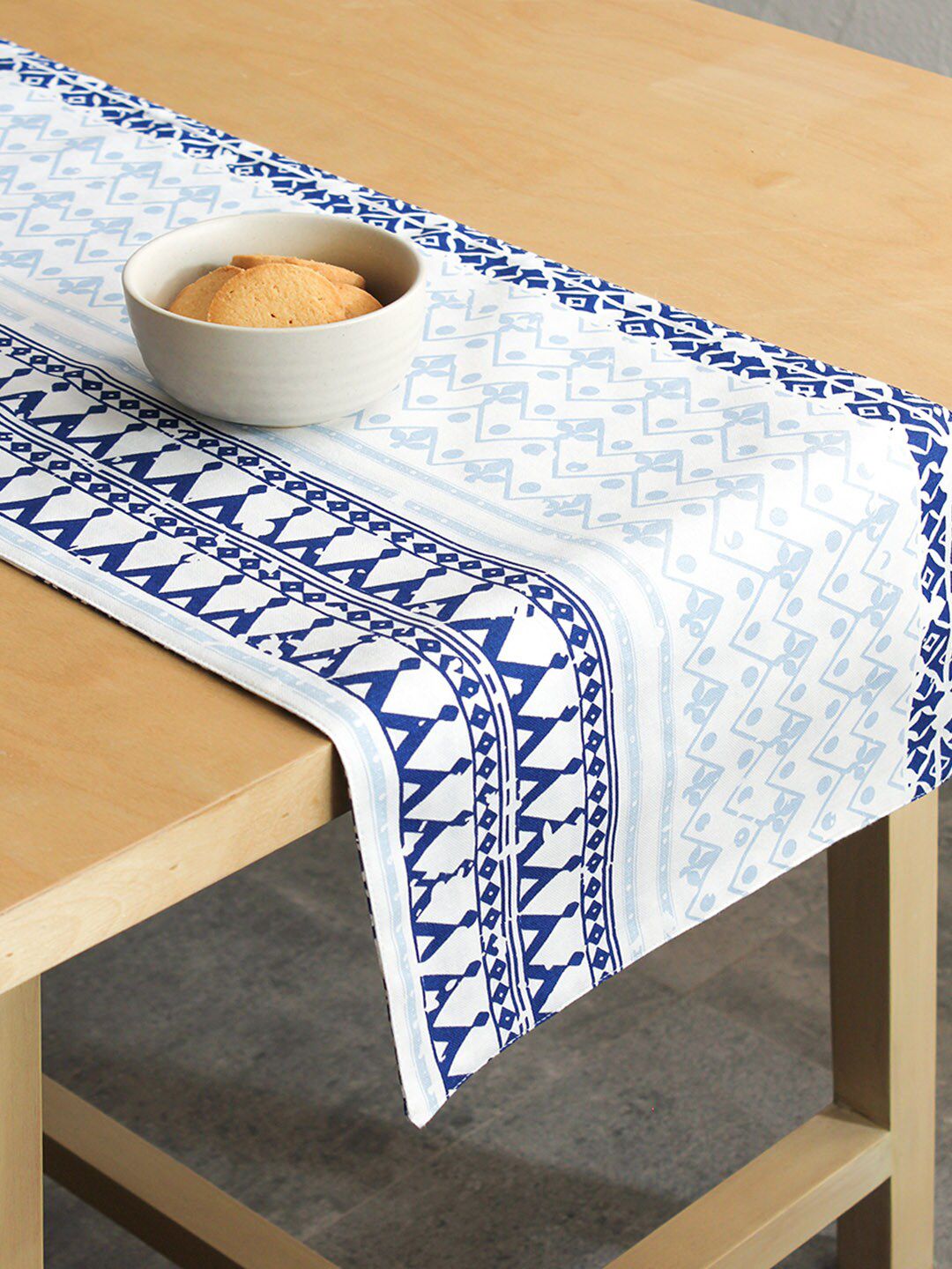 House This White & Blue Abstract Printed Valleri Cotton Table Runner Price in India