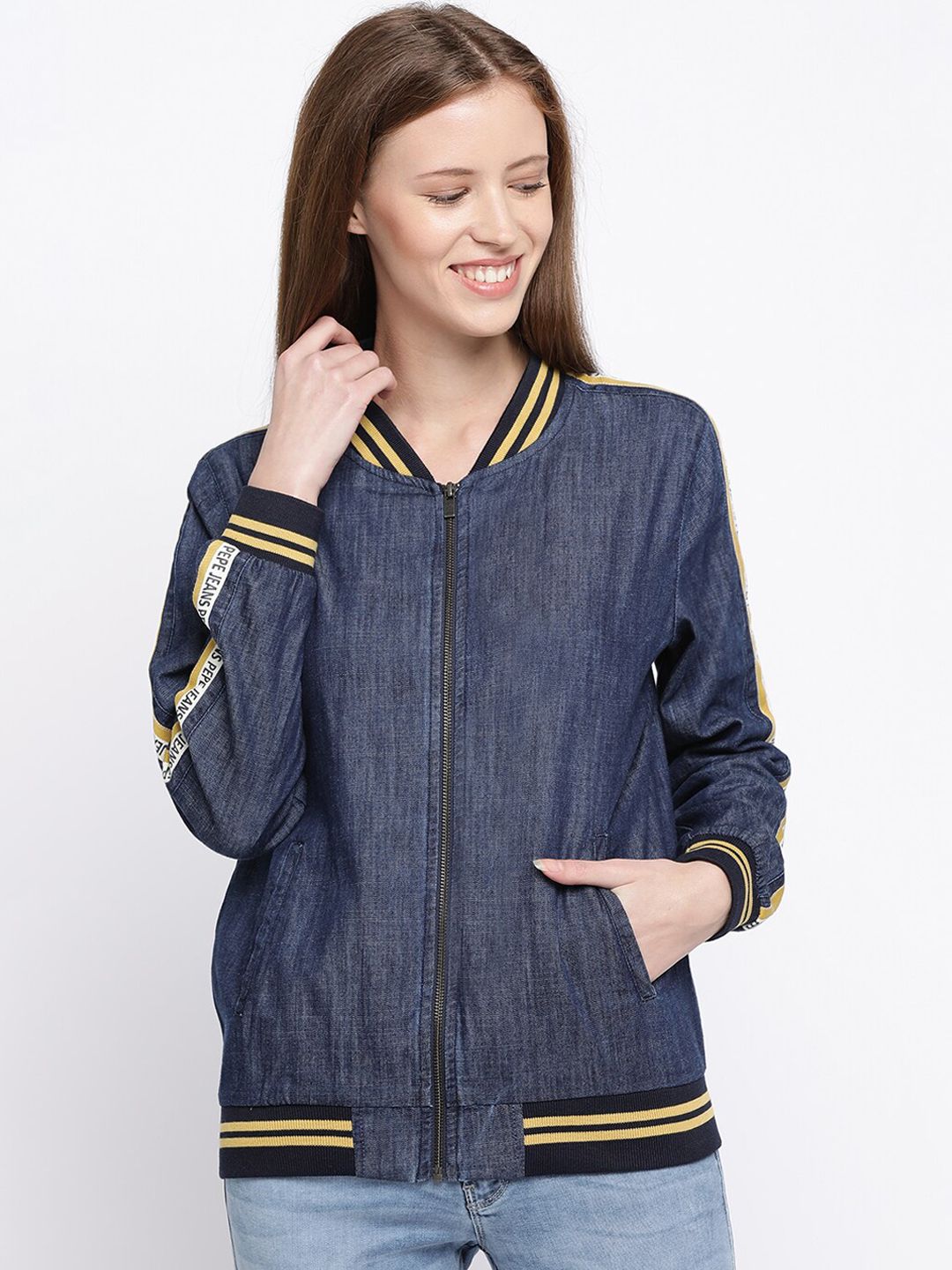 Pepe Jeans Women Navy Blue Solid Bomber Price in India