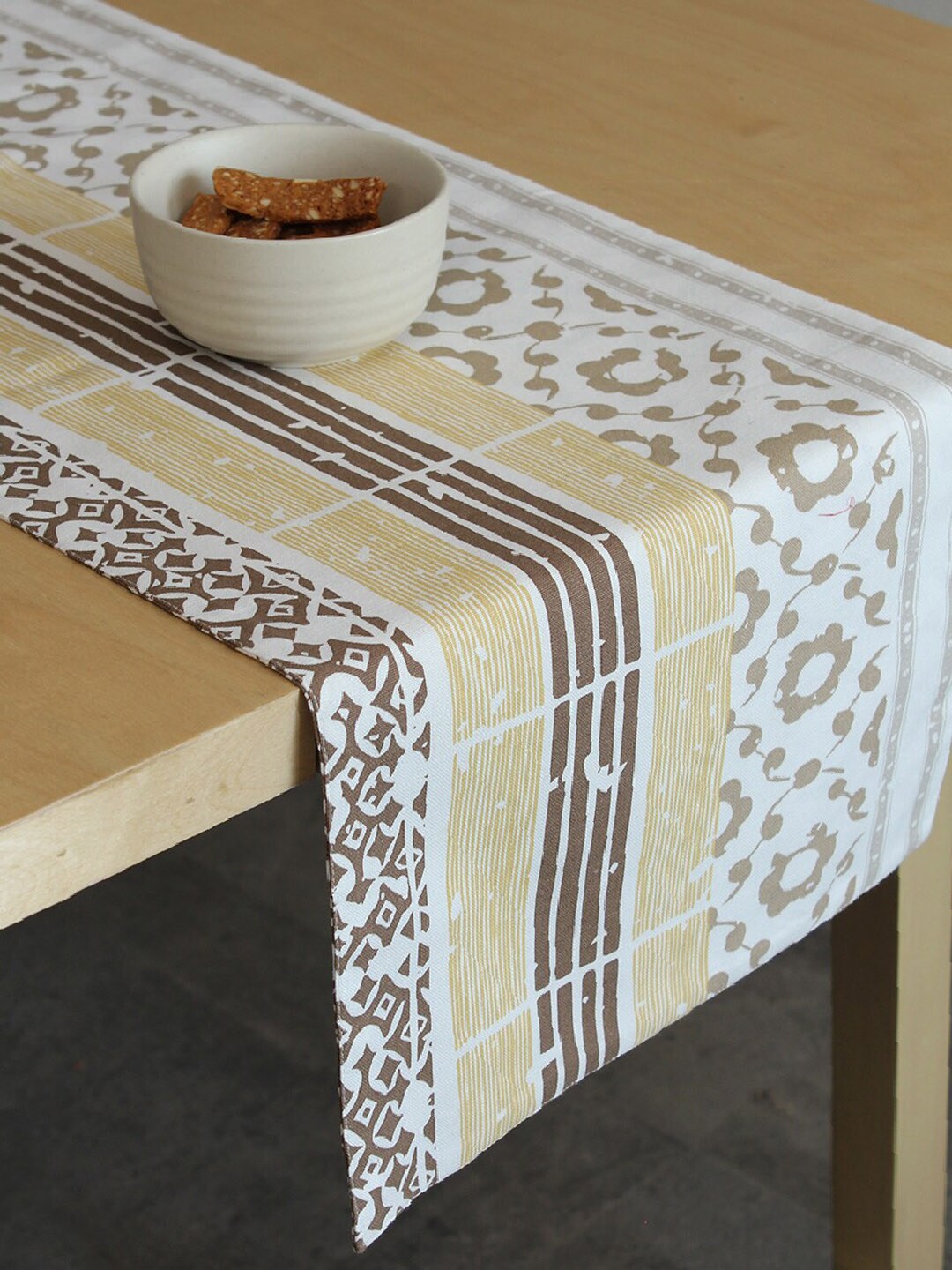 House This Beige & White Ethnic Motif Cotton Printed Table Runner Price in India