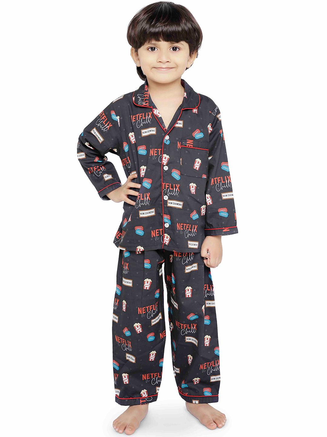 Knitting Doodles Unisex Kids Black & Red Netflix & Chill Printed Night Suit