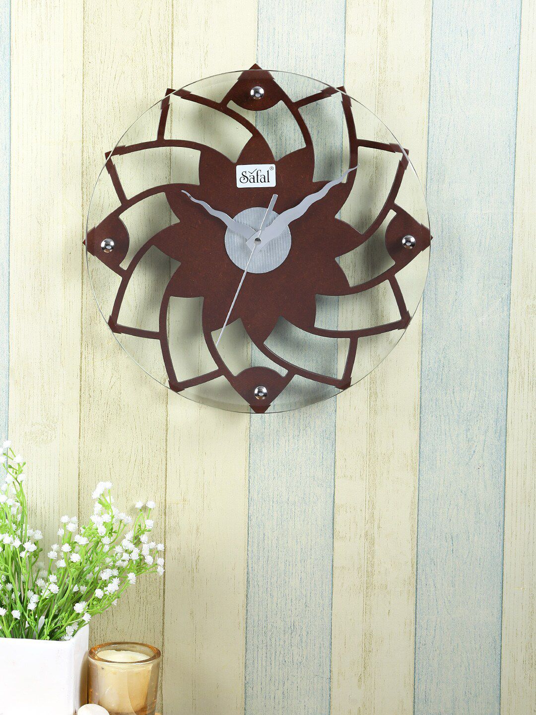 Safal Brown & White Wooden Designer Clock With Silent Sweep Mechanism Price in India