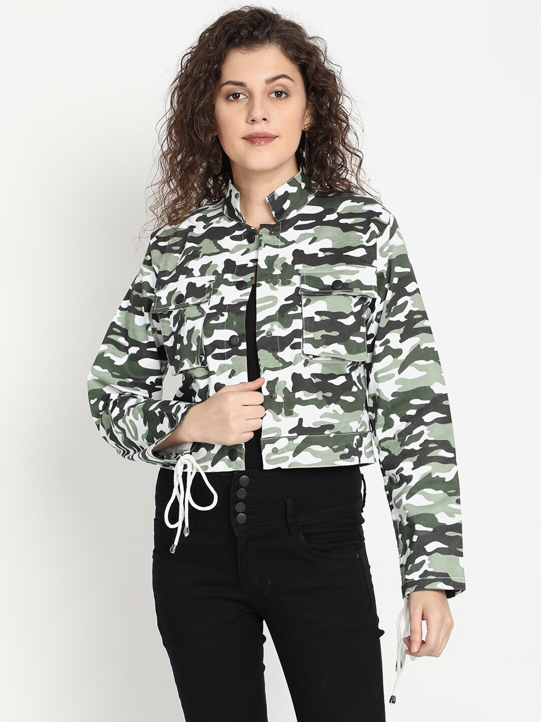River Of Design Jeans Women Olive Green Camouflage Print Open Front Jacket Price in India
