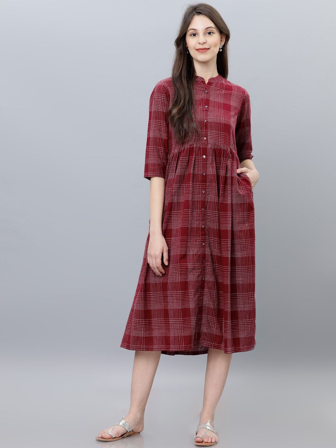 Vishudh Women Maroon Checked Fit and Flare Dress Price in India