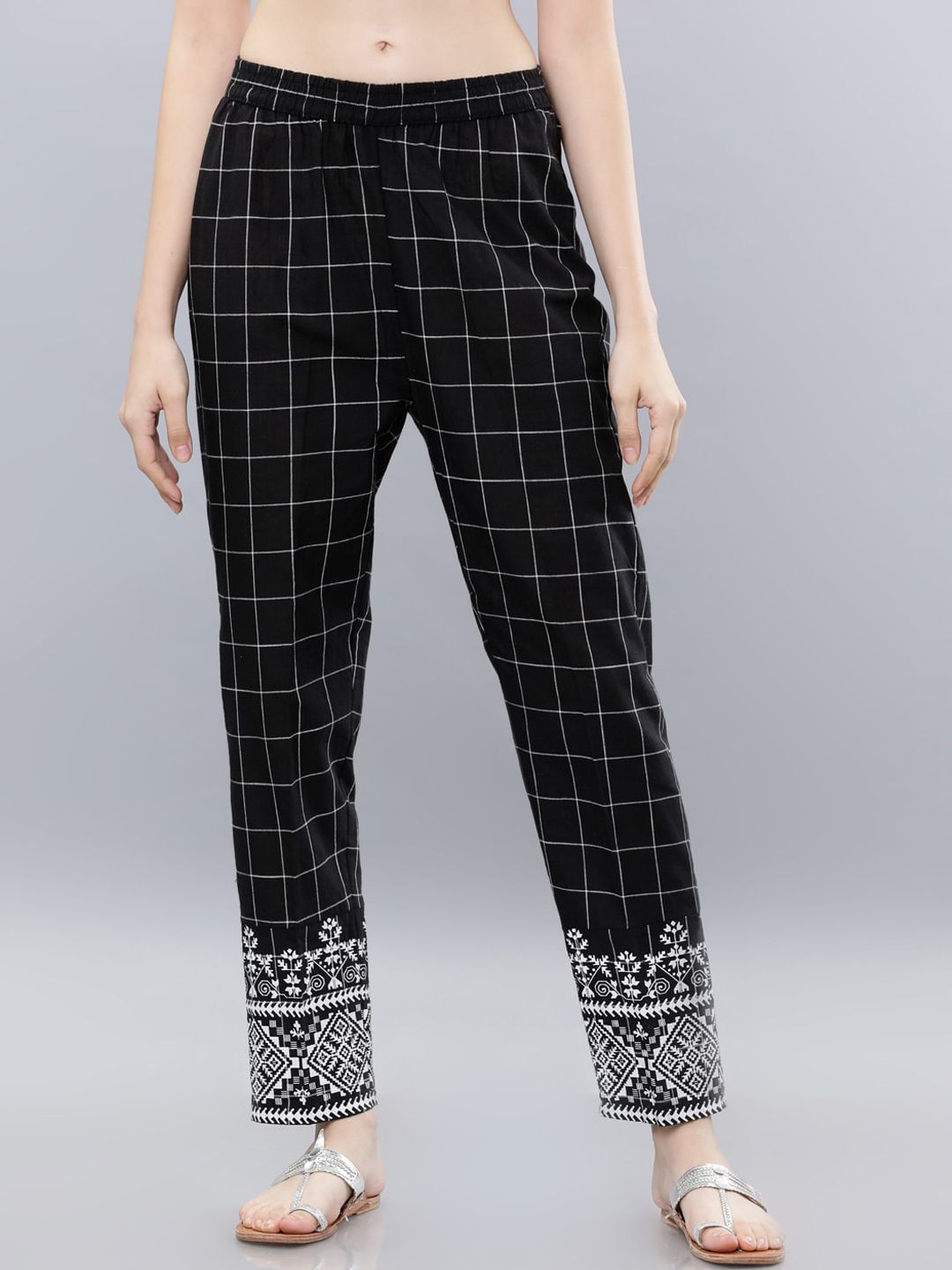 Vishudh Women Black & Off-White Slim Fit Checked Regular Trousers Price in India