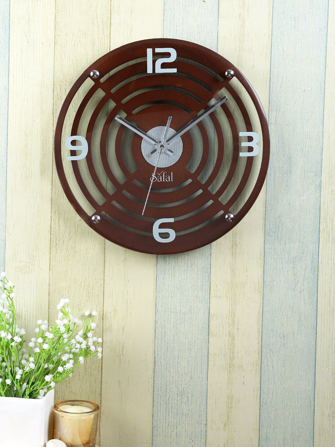 Safal Brown & Grey Solid 12\" Dial Round Wooden Analogue Wall Clock Price in India