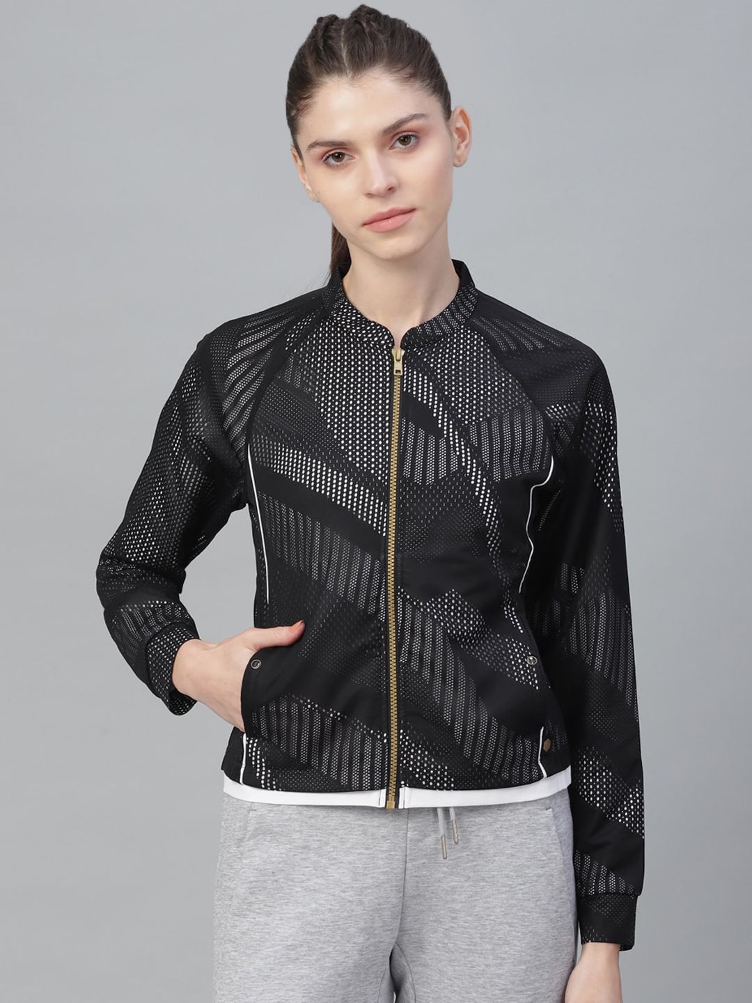 ASICS Women Black Striped W NS LACE FZ  Bomber Jacket Price in India