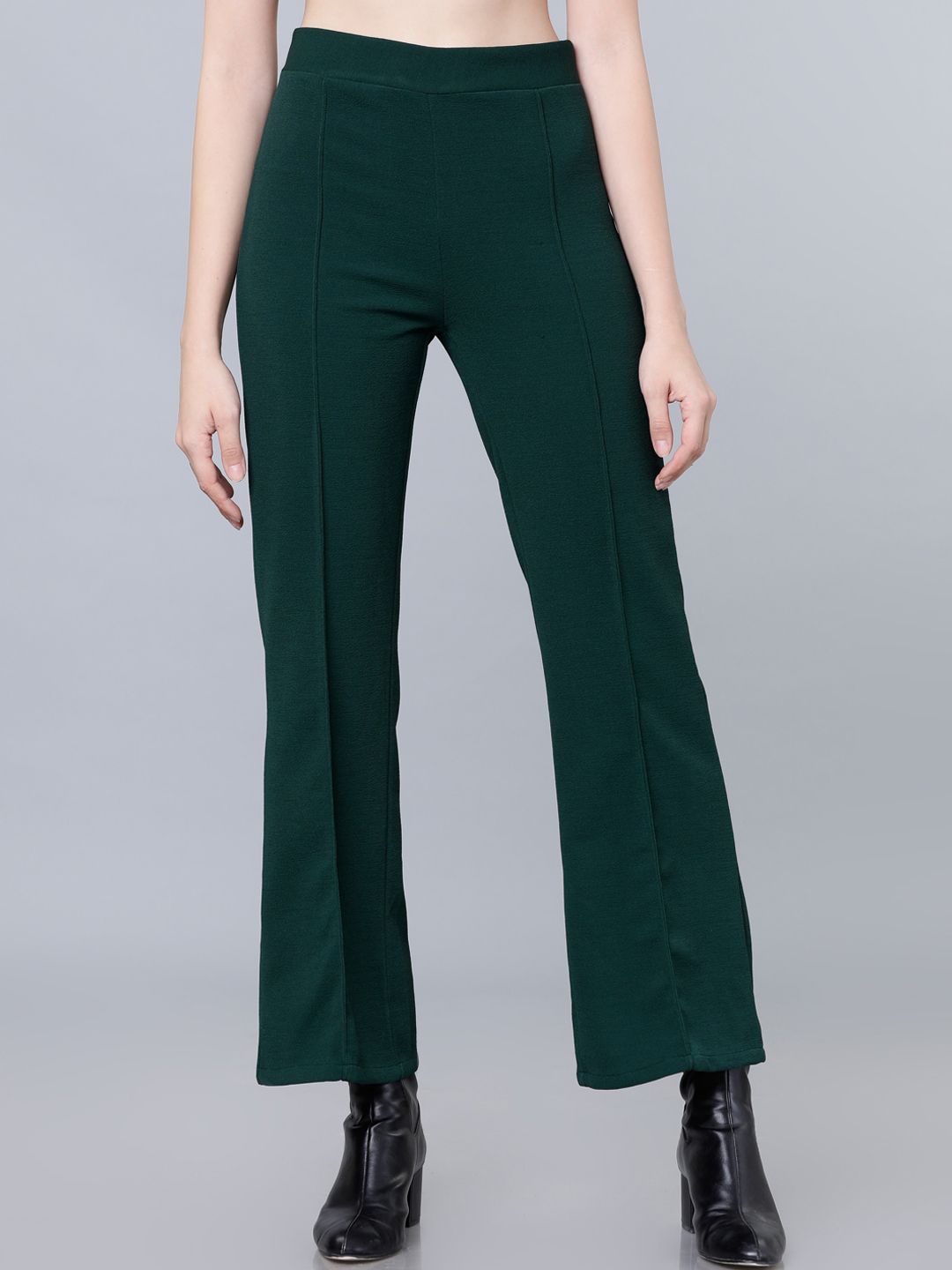 Tokyo Talkies Women Green Flared Solid Parallel Trousers