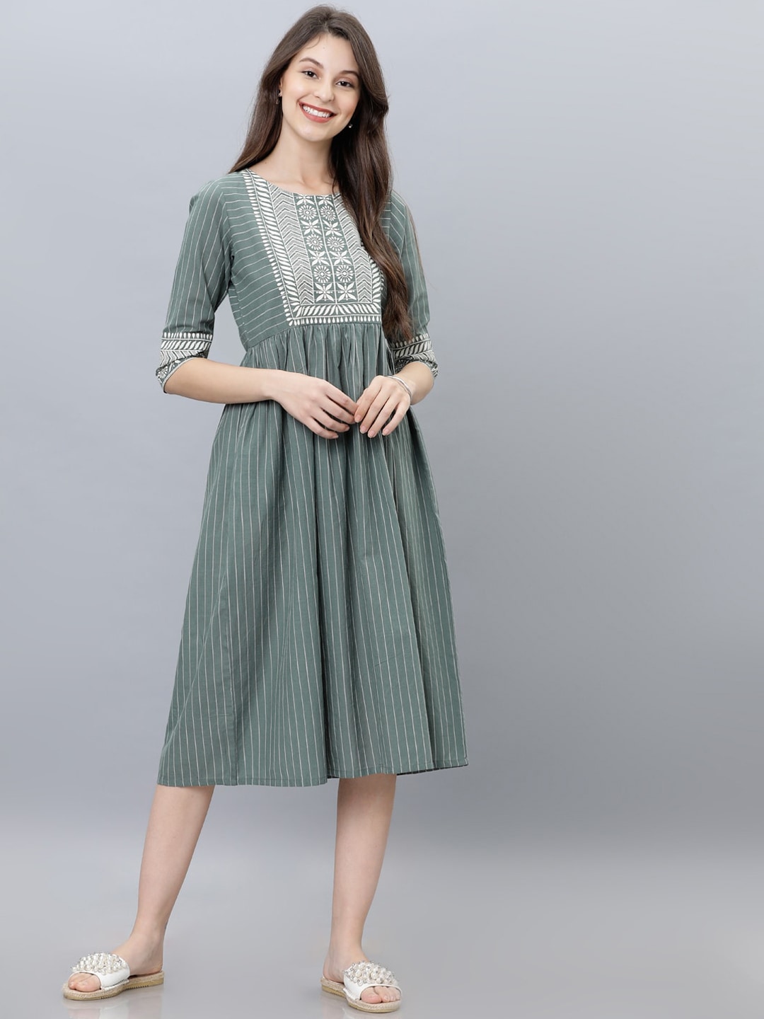 Vishudh Green Striped Fit and Flare Dress Price in India