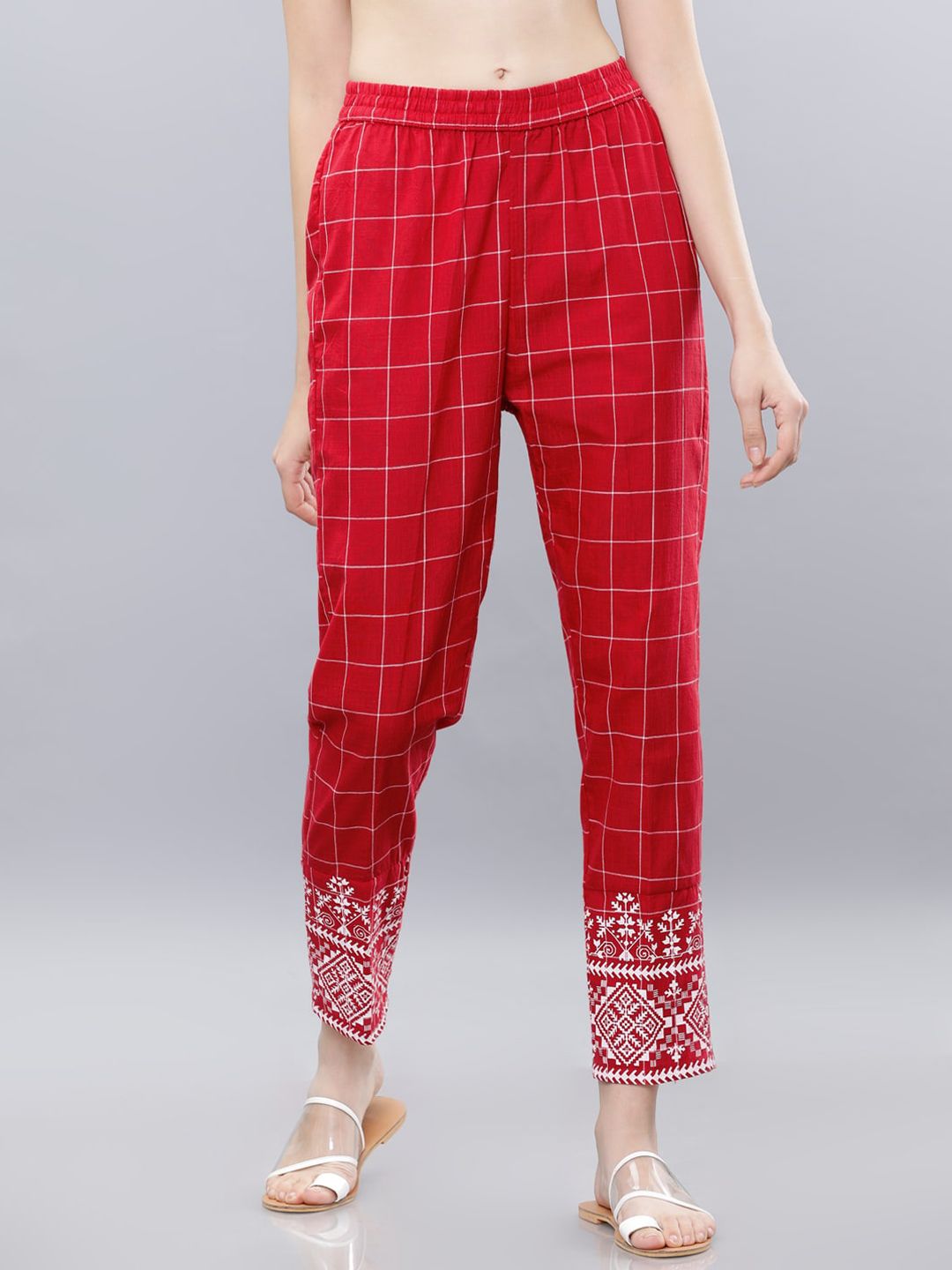 Vishudh Women Red & Off-White Slim Fit Checked Trousers Price in India
