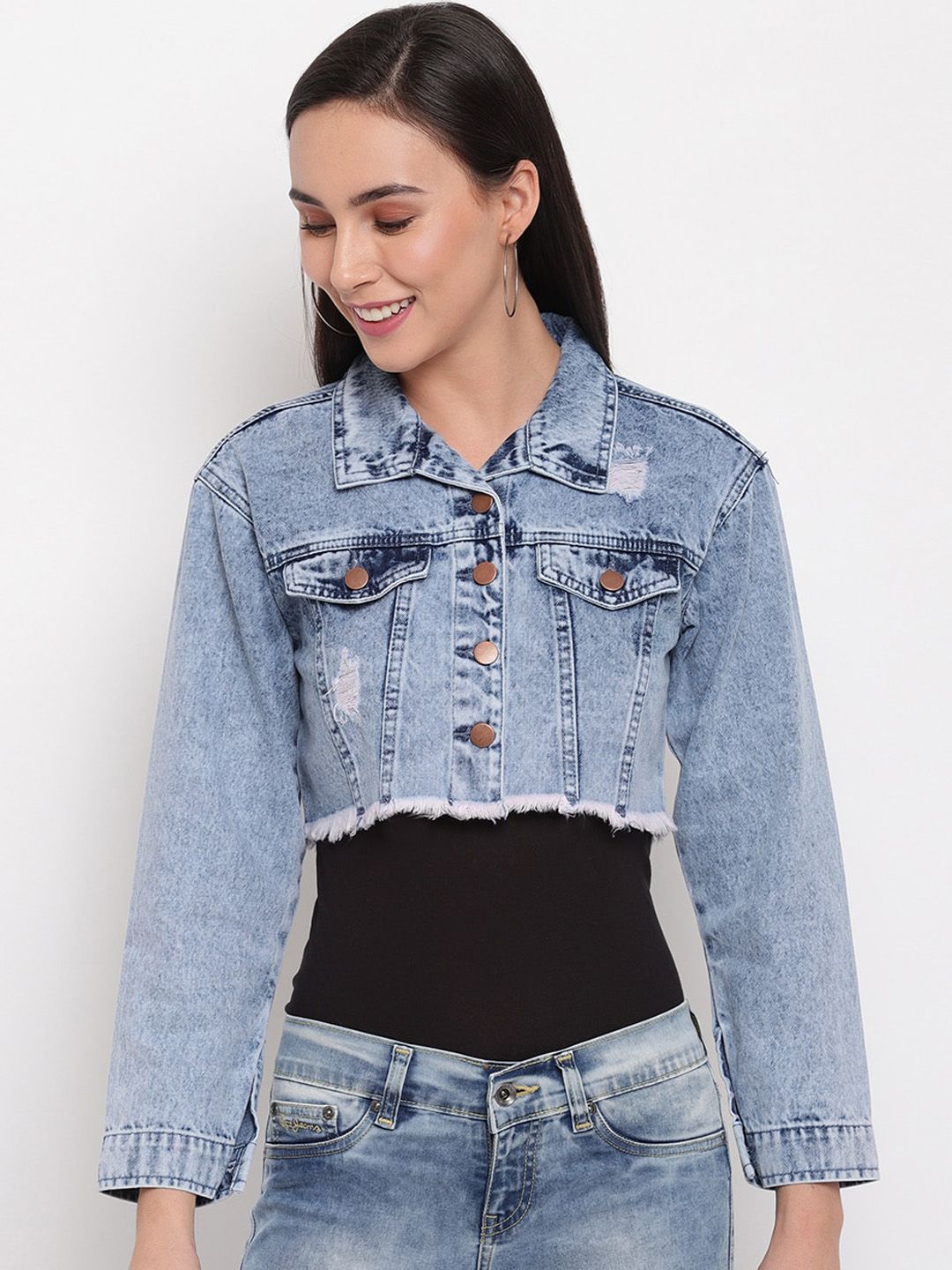 TALES & STORIES Women Blue Solid Denim Jacket Price in India