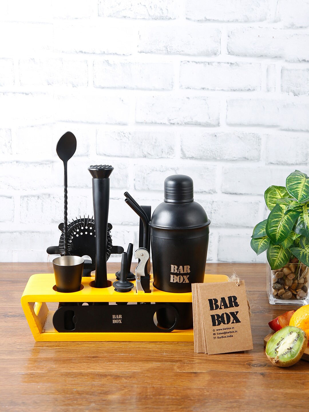 BAR BOX Black & Yellow Solid Stainless Steel Bar Tool Set With Wooden Stand Price in India