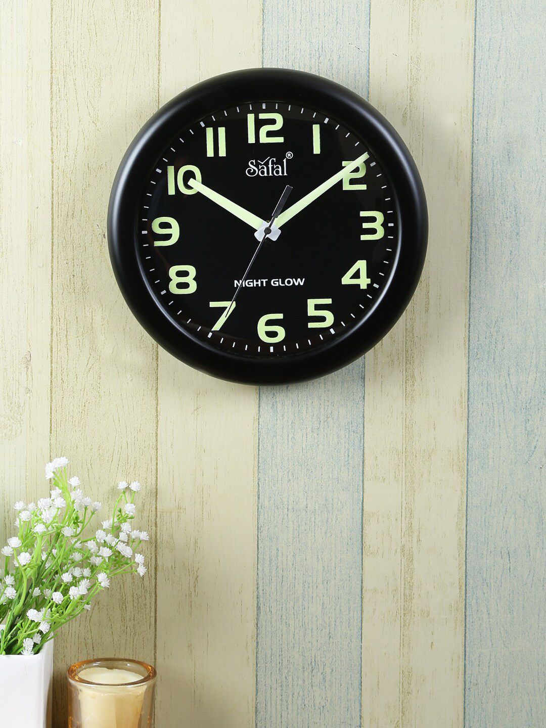 Safal Black Solid Round Wooden Specialised Night Glow Analogue Wall Clock Price in India