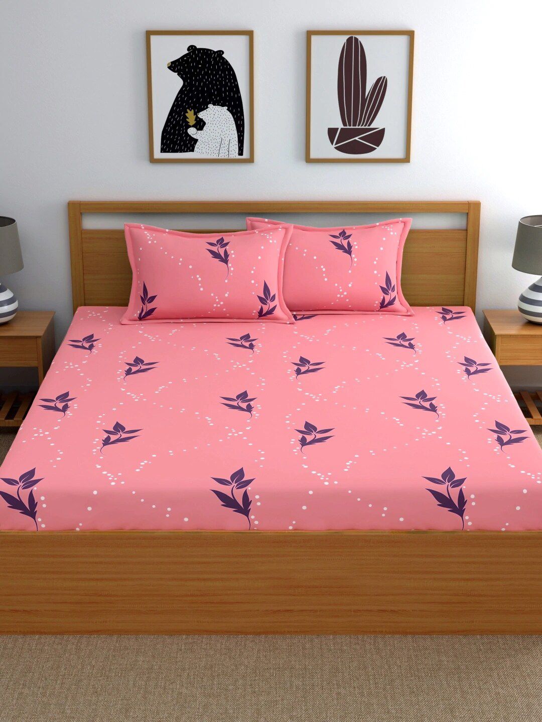 Home Ecstasy Pink & Blue Printed 140 TC Cotton Sustainable Double Bedsheet With 2 Pillow Covers Price in India