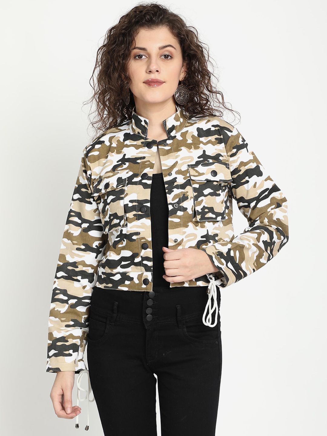 River Of Design Jeans Women Beige Printed Lightweight Tailored Crop Jacket Price in India