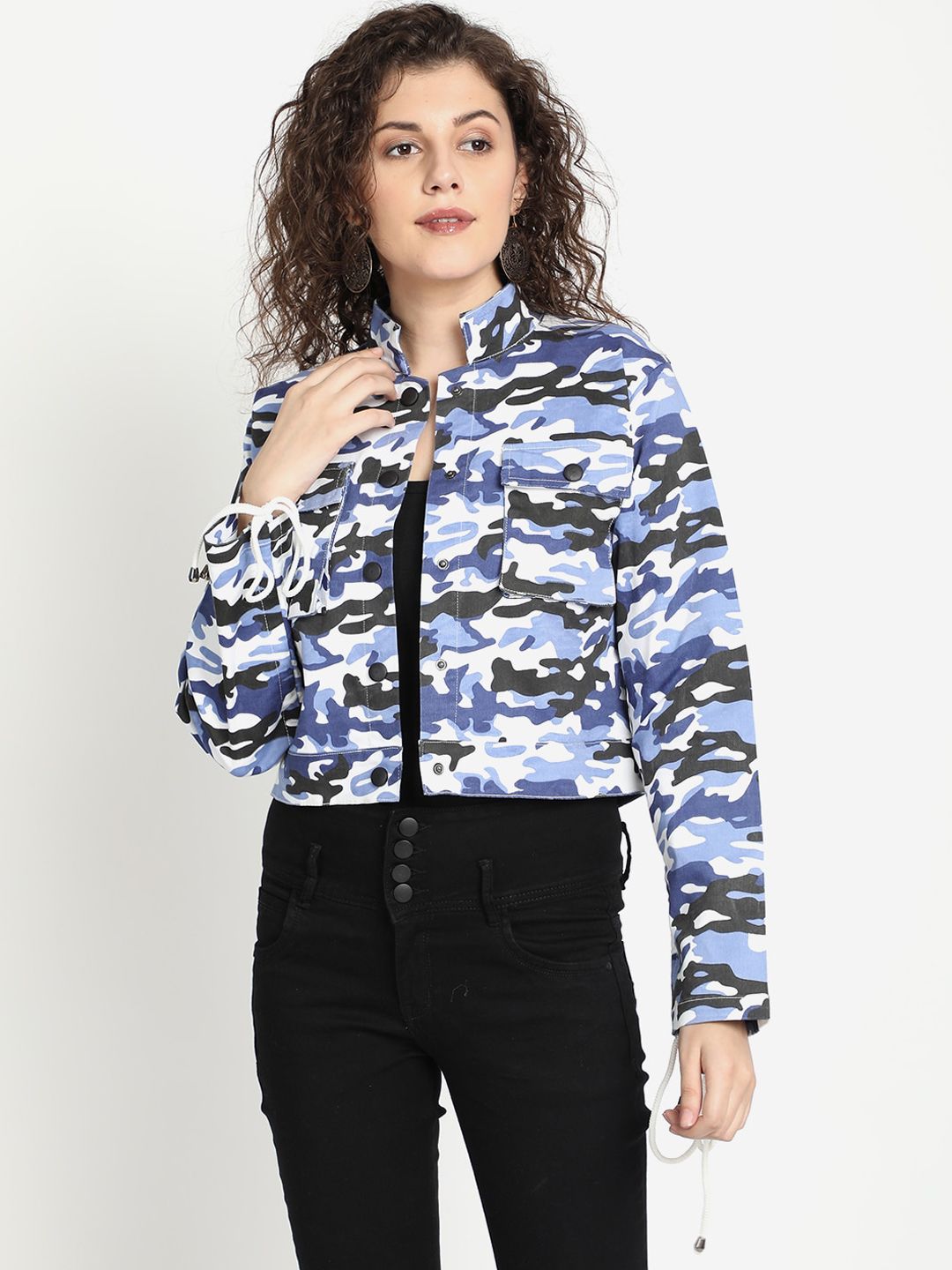 River Of Design Jeans Women Blue Camouflage Print Open Front Jacket Price in India