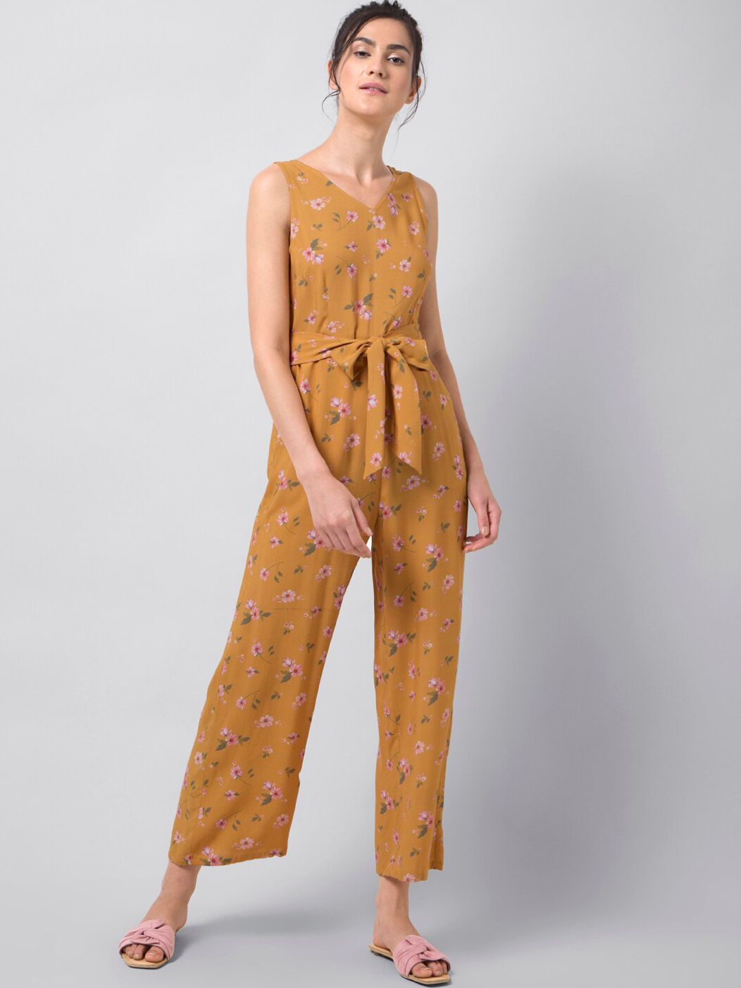 FabAlley Women Mustard Yellow & Pink Floral Printed Basic Jumpsuit Price in India