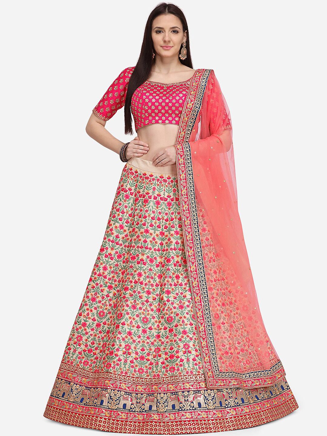 NAKKASHI Women Beige & Pink Semi-Stitched Lehenga & Unstitched Blouse with Dupatta