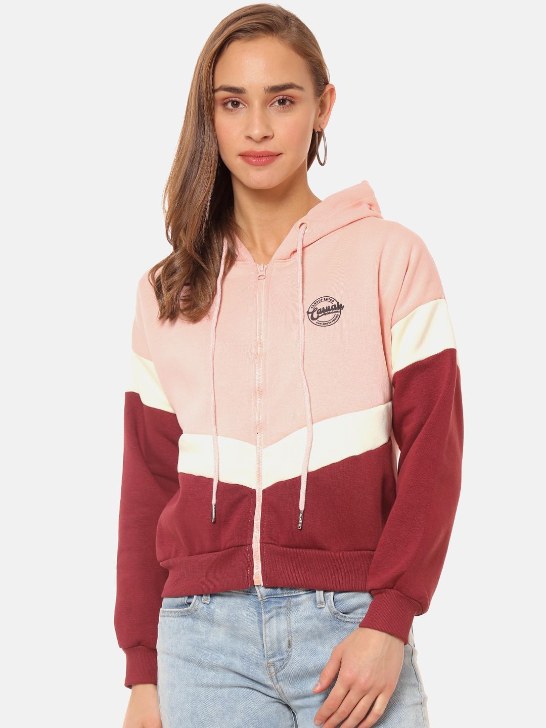 Campus Sutra Women Pink & Maroon Colourblocked Hooded Sweatshirt Price in India