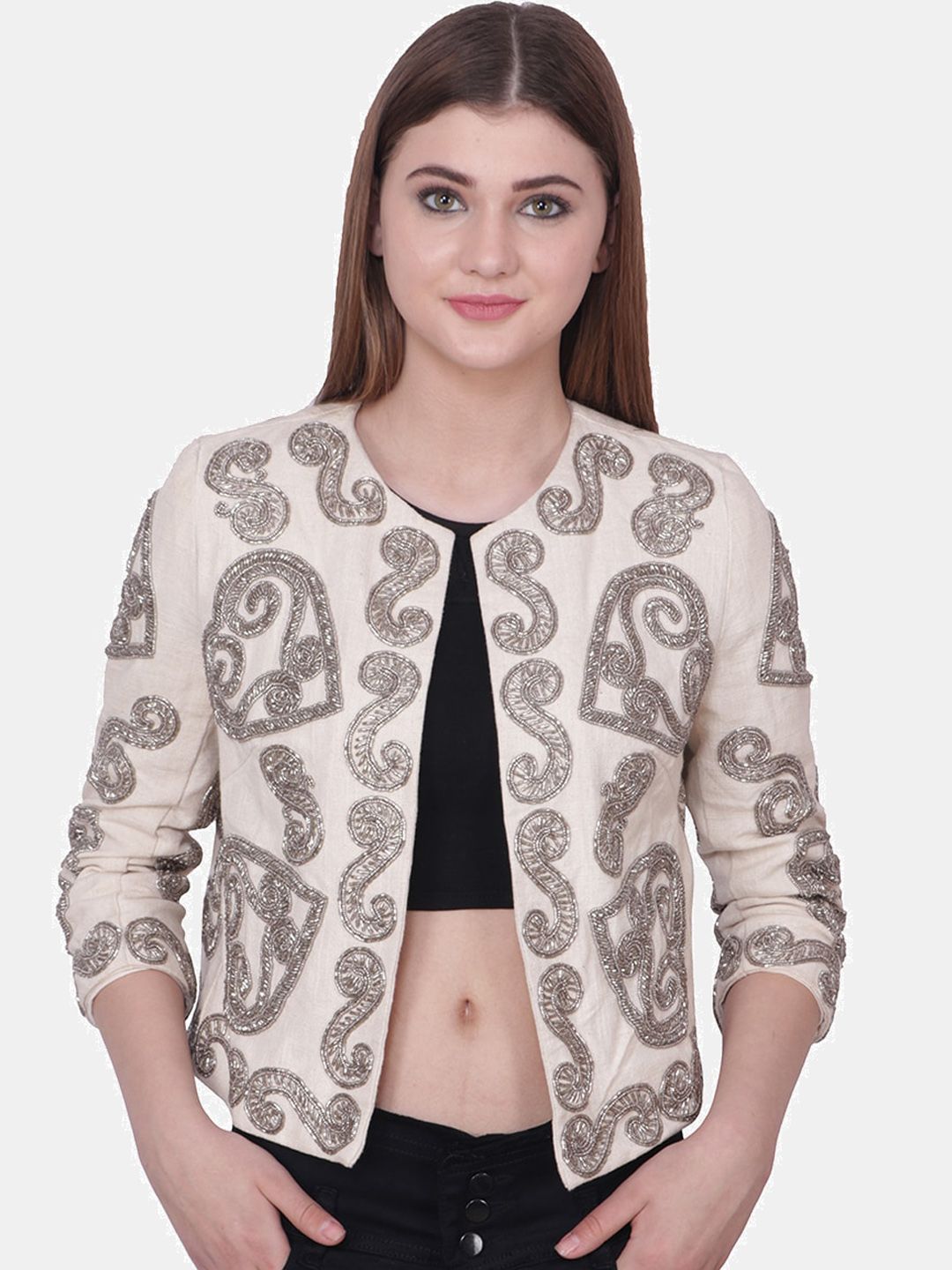 Diwaah Women Off-White Embellished Open Front Jacket Price in India
