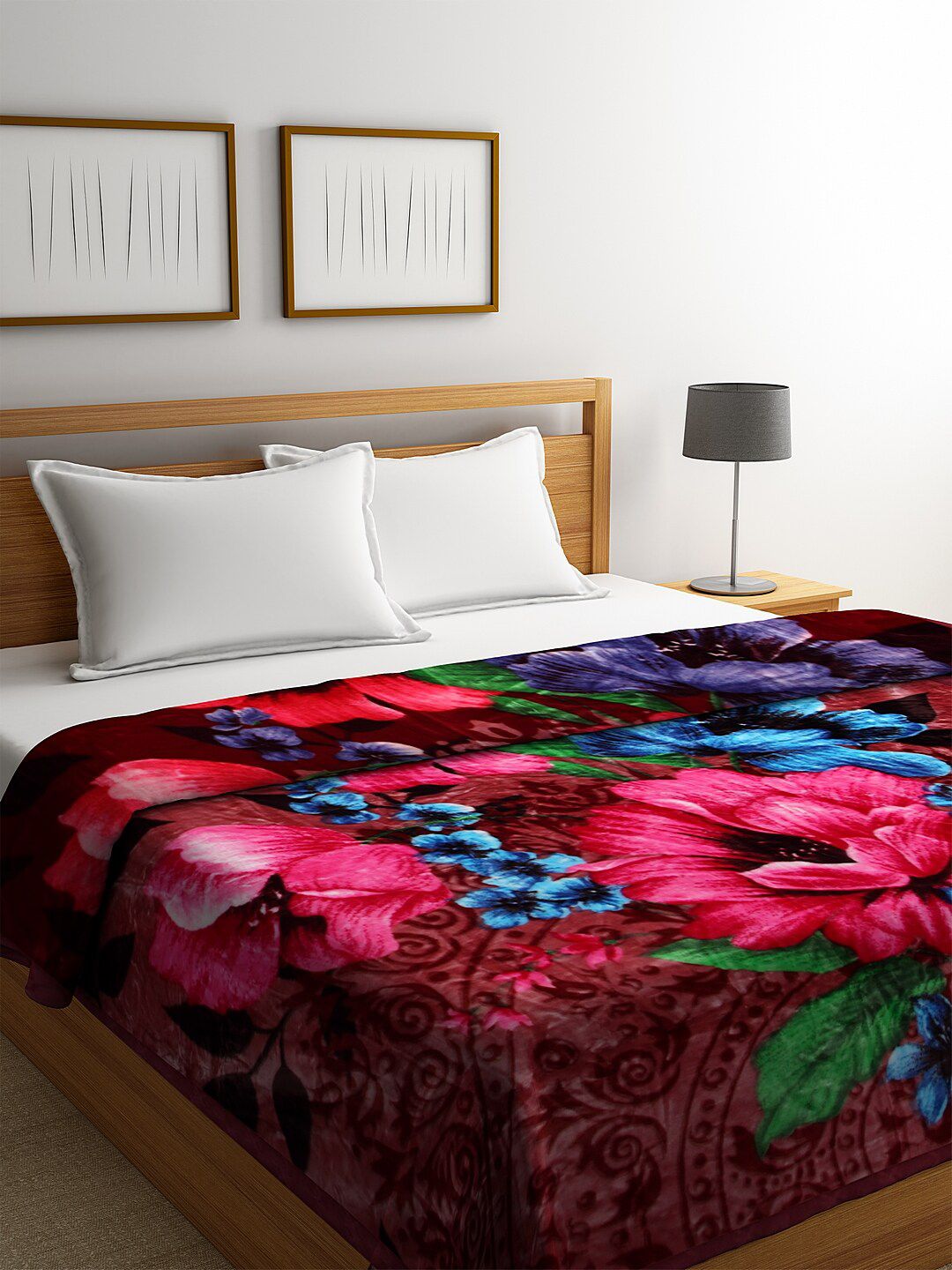 BOMBAY DYEING Maroon Floral 1000 GSM Heavy Winter Double Bed Blanket Price in India
