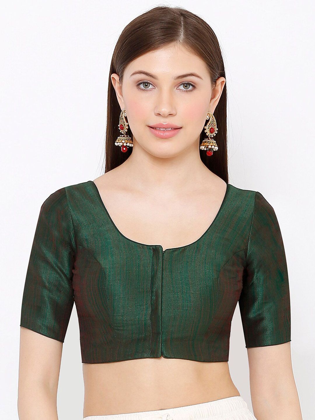 SALWAR STUDIO Women Green Solid Mulbury Silk Readymade Saree Blouse Price in India