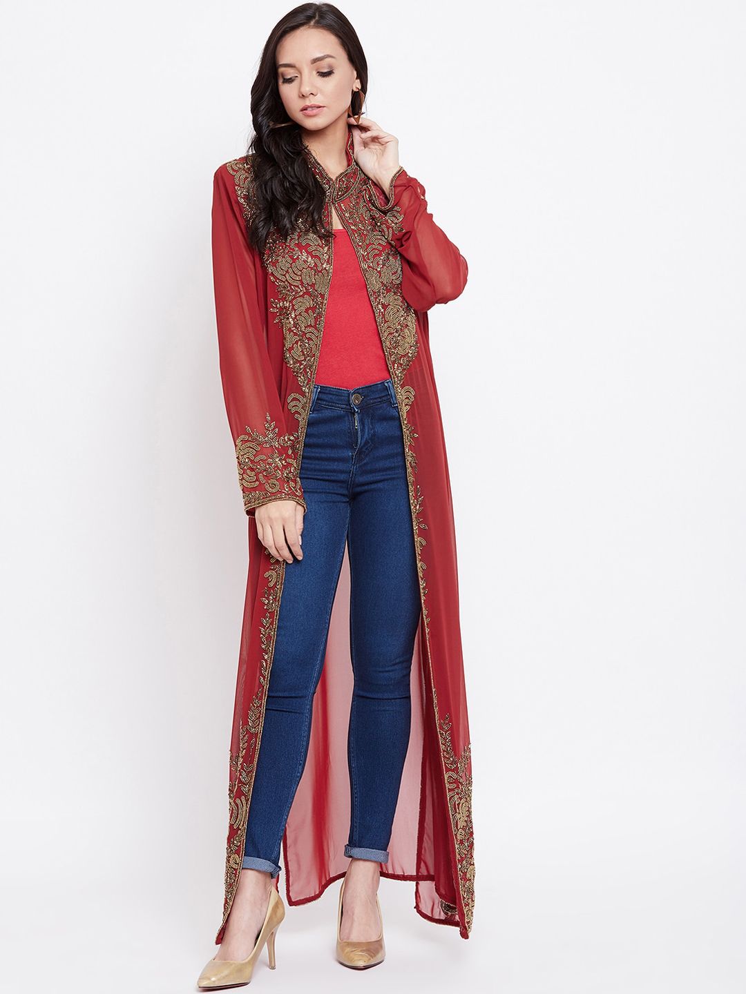 LE BOURGEOIS Women Maroon Embellished Open-Front Long Shrug Price in India