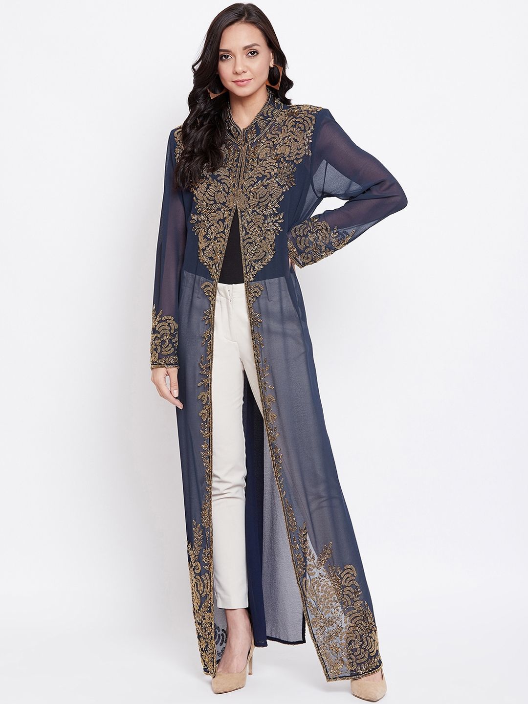LE BOURGEOIS Women Navy Blue & Gold-Coloured Embellished Open-Front Longline Shrug Price in India