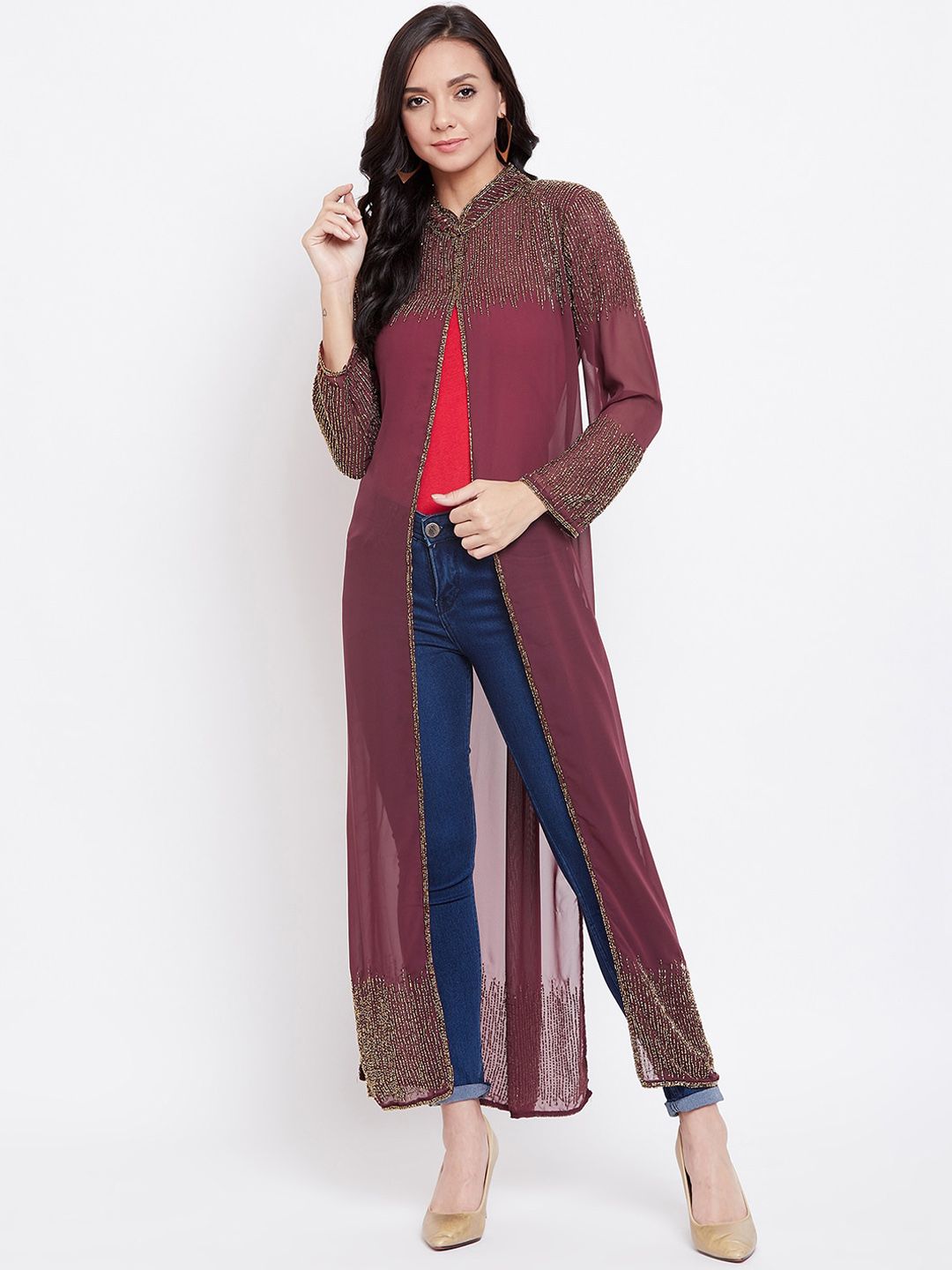 LE BOURGEOIS Women Maroon & Gold-Coloured Embellished Longline Open Front Shrug Price in India