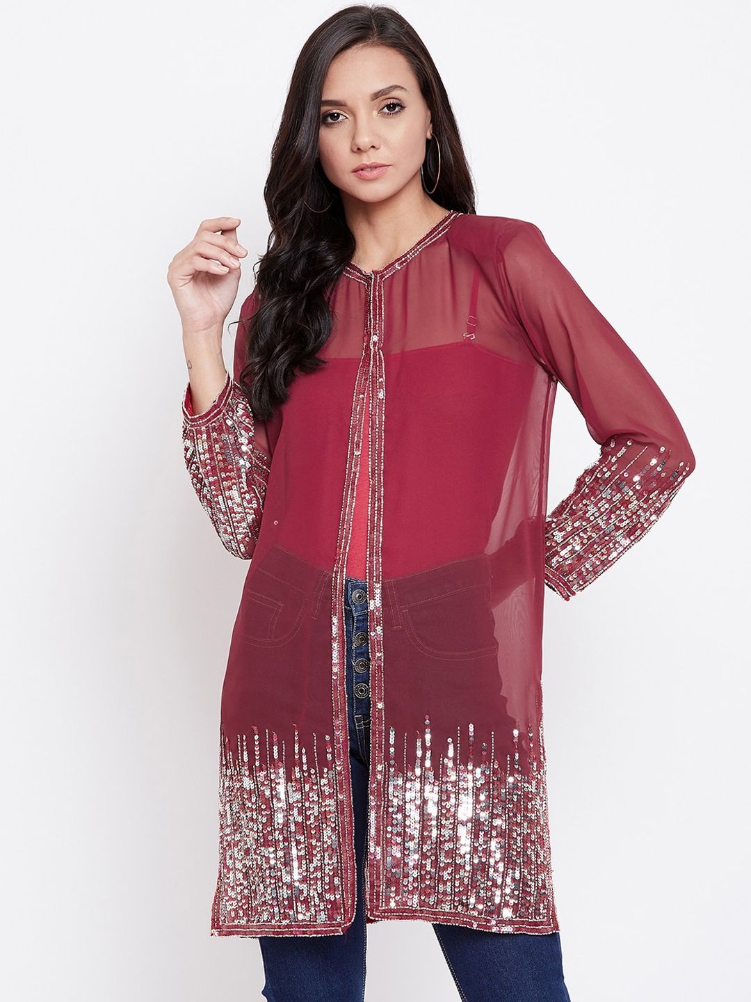 LE BOURGEOIS Women Maroon Embellished Longline Shrug Price in India