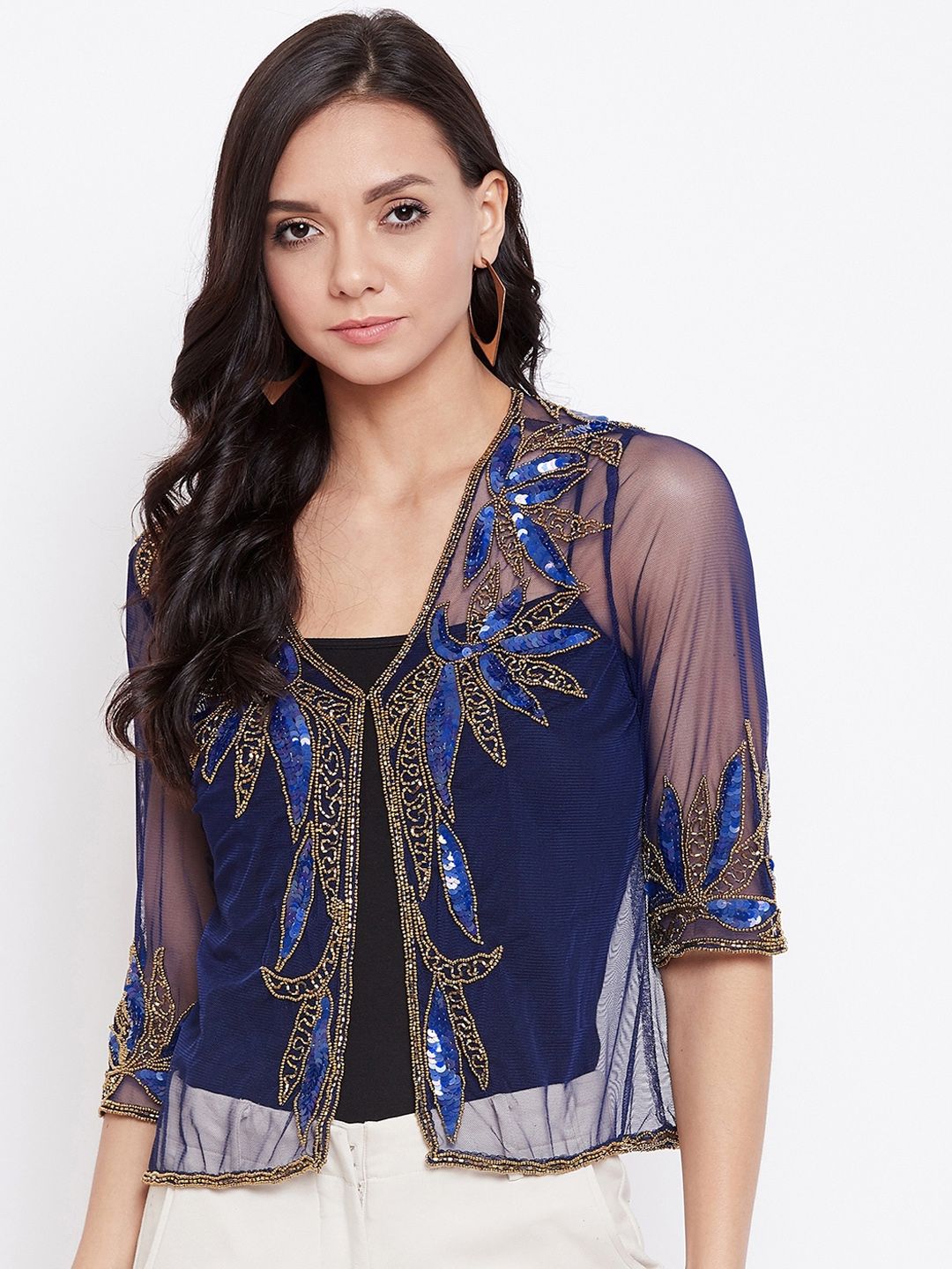 LE BOURGEOIS Women Navy Blue Embellished Sheer Open-Front Shrug Price in India