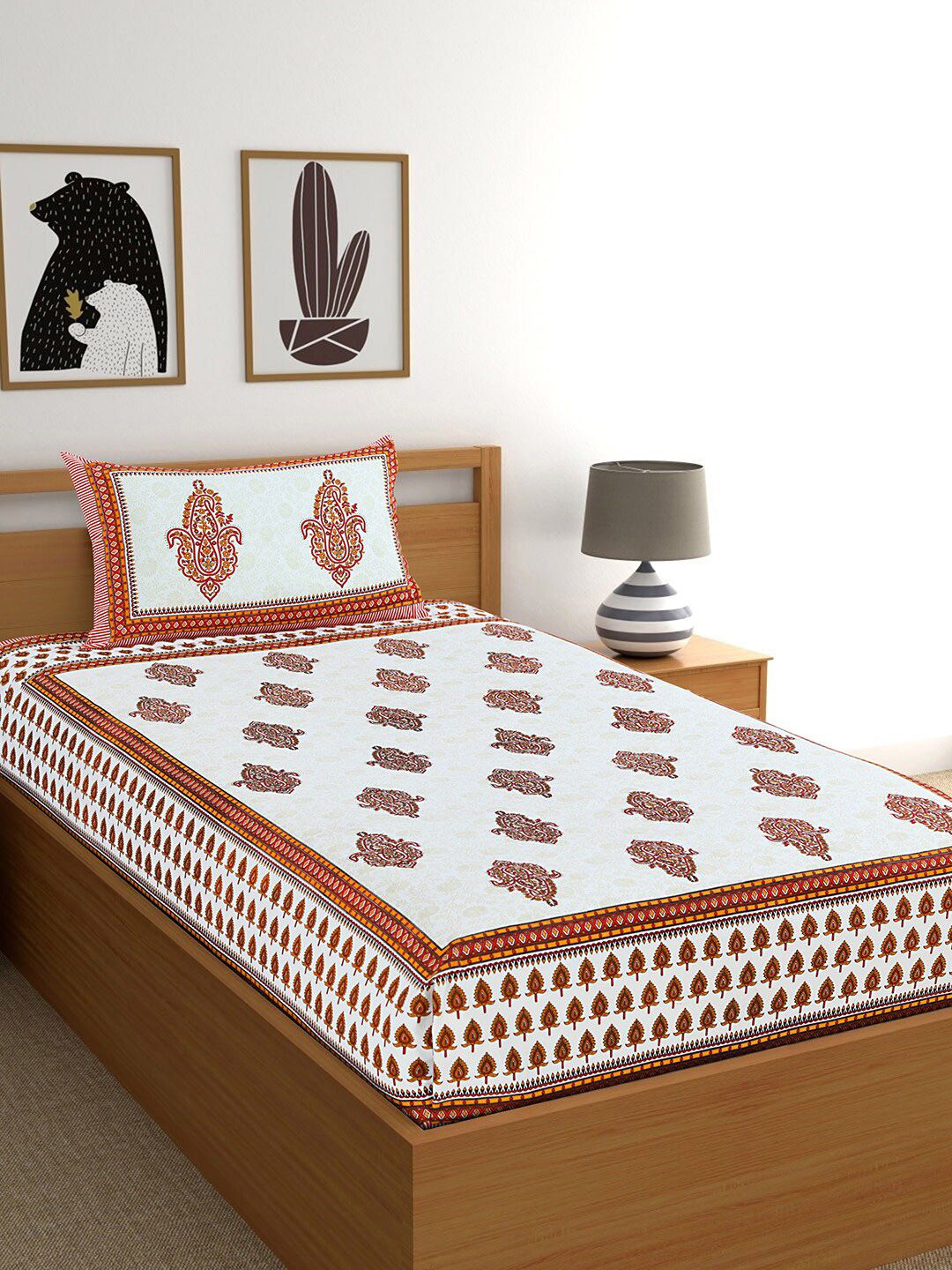 Salona Bichona White & Red Ethnic Motifs Printed 120 TC Cotton Single Bedsheet With 1 Pillow Cover Price in India