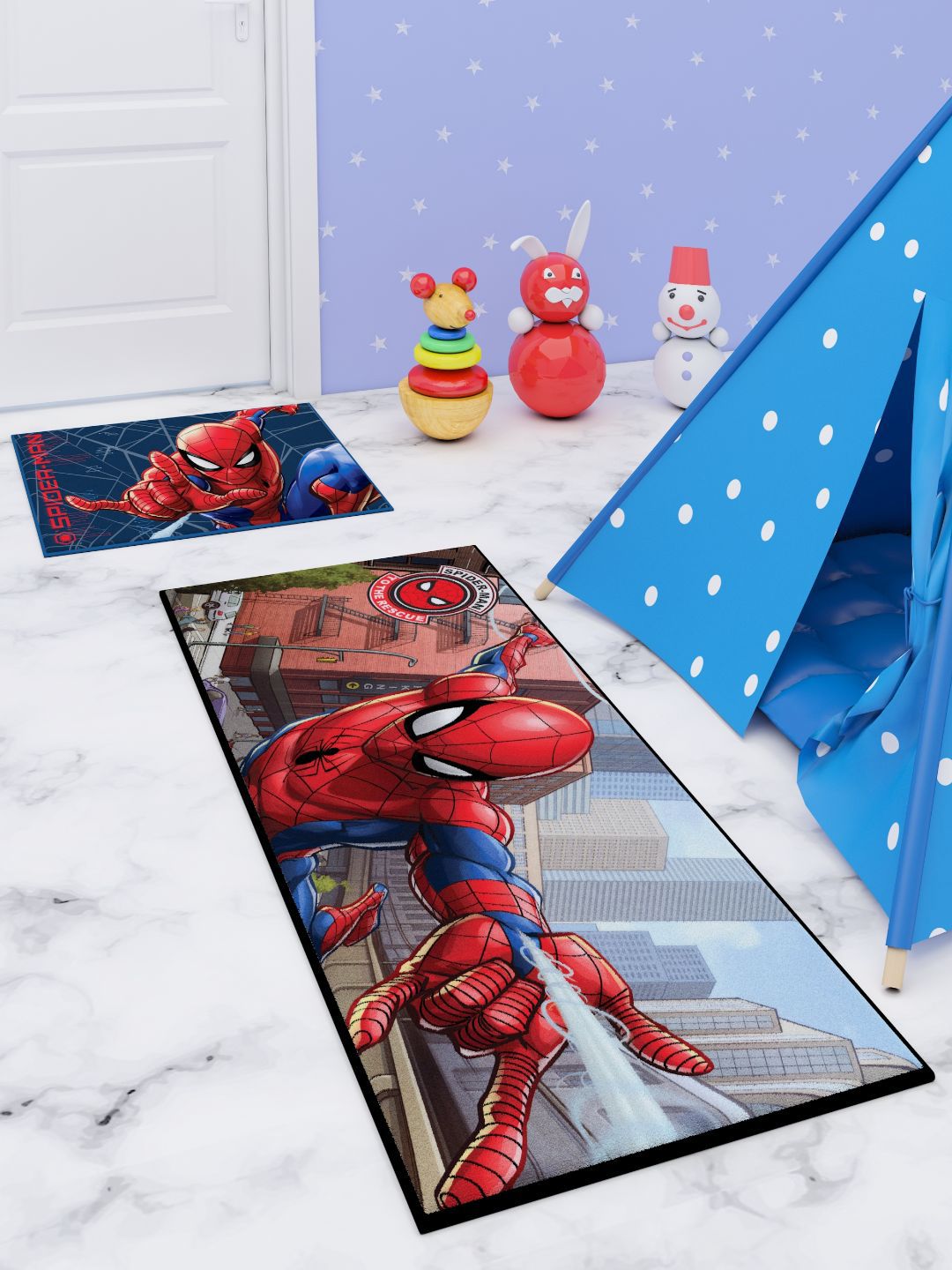 Marvel Kids Red & Blue Spider-Man Spider Man Print Floor Runner Carpet & Doormat Combo Price in India