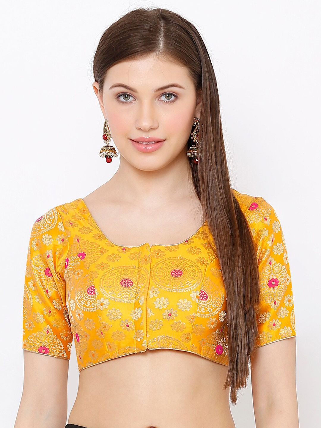 SALWAR STUDIO Women Yellow & Gold-Toned Woven-Design Brocade Padded Saree Blouse Price in India