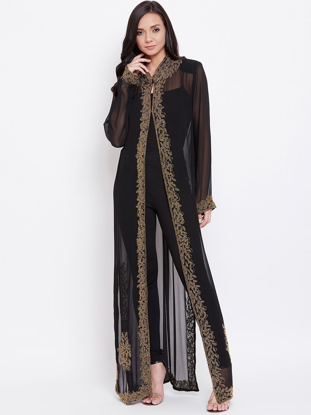 LE BOURGEOIS Women Black Embellished Open-Front Partywear Longline Shrug Price in India