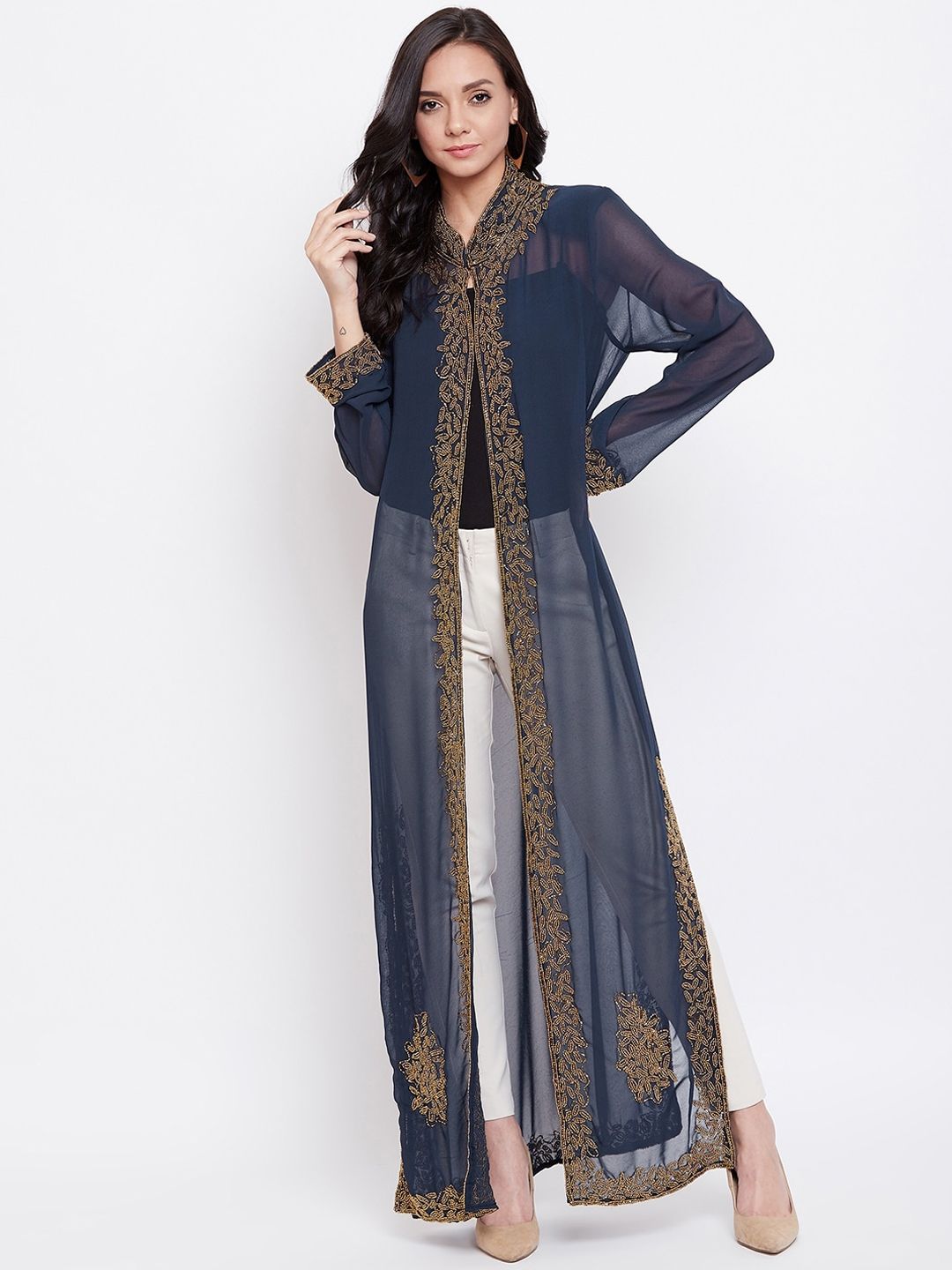 LE BOURGEOIS Women Navy Blue Embellished Open-Front Longline Shrug Price in India