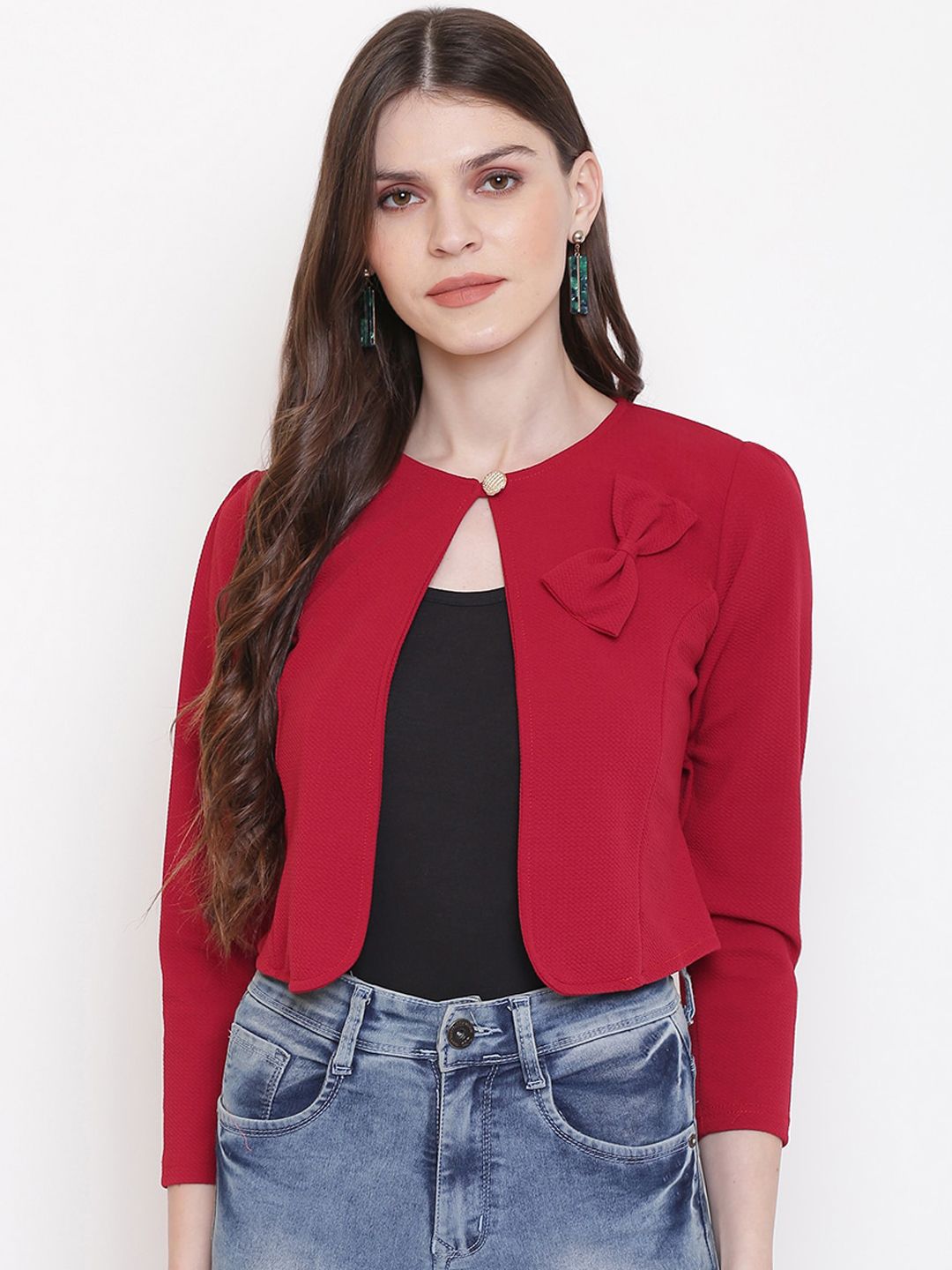 Mayra Women Red Solid Open Front Jacket Price in India