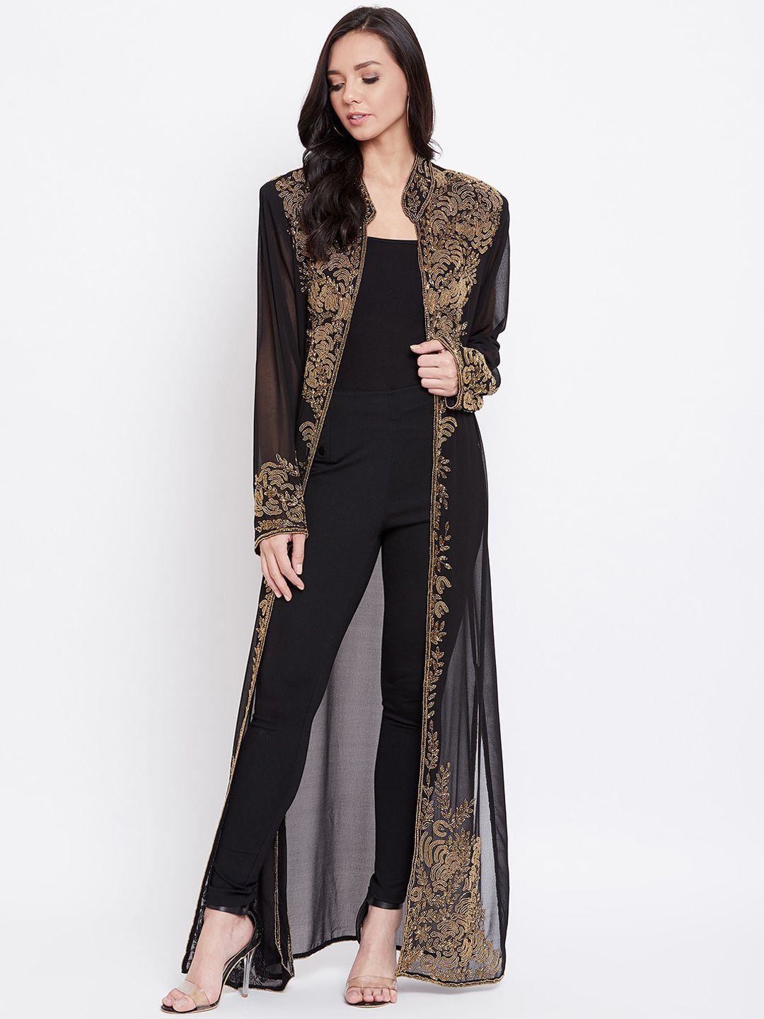 LE BOURGEOIS Women Black & Gold Coloured Embellished Open-Front Longline Shrug Price in India