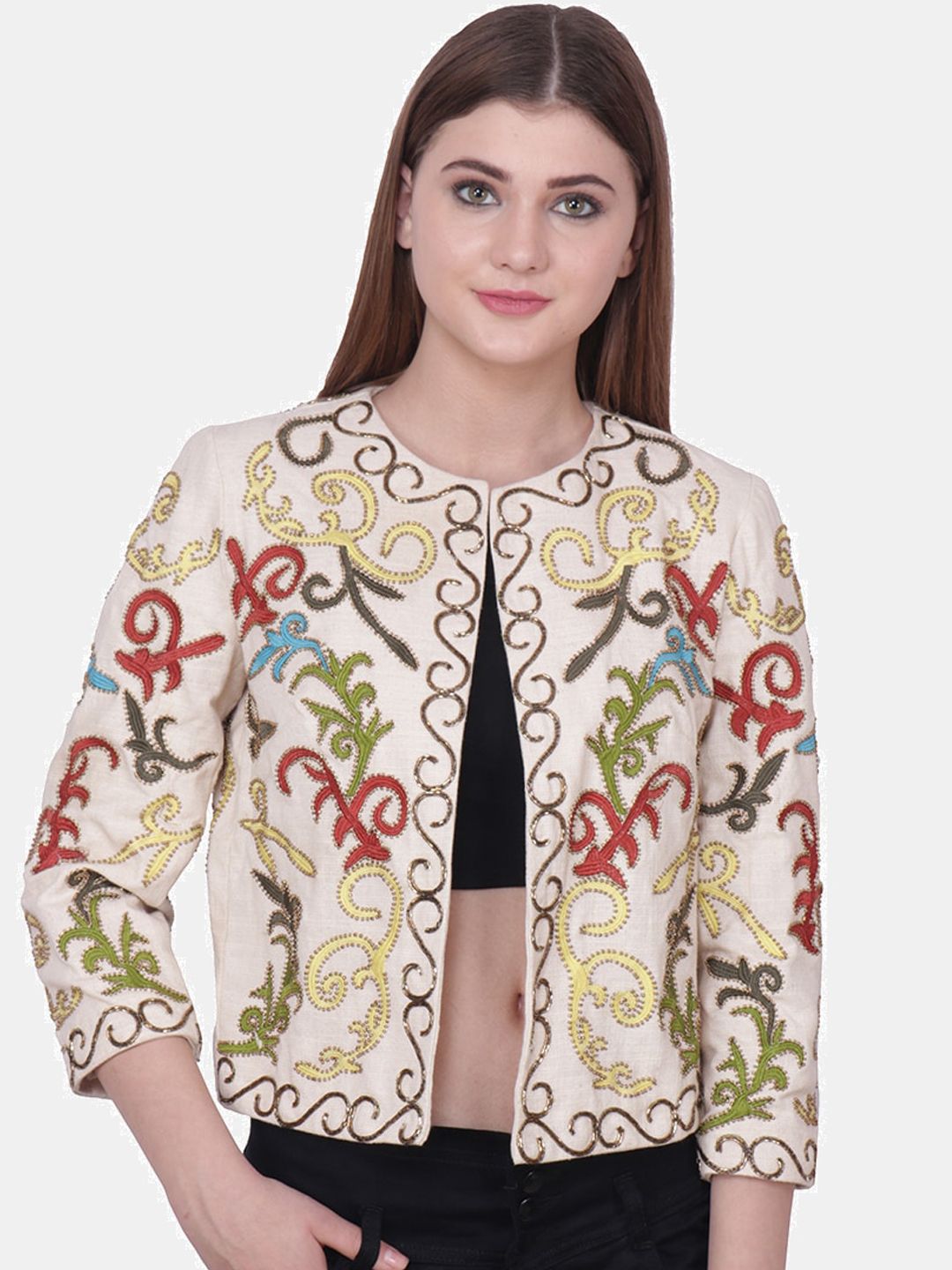 Diwaah Women Multicoloured Embellished Open Front Jacket Price in India