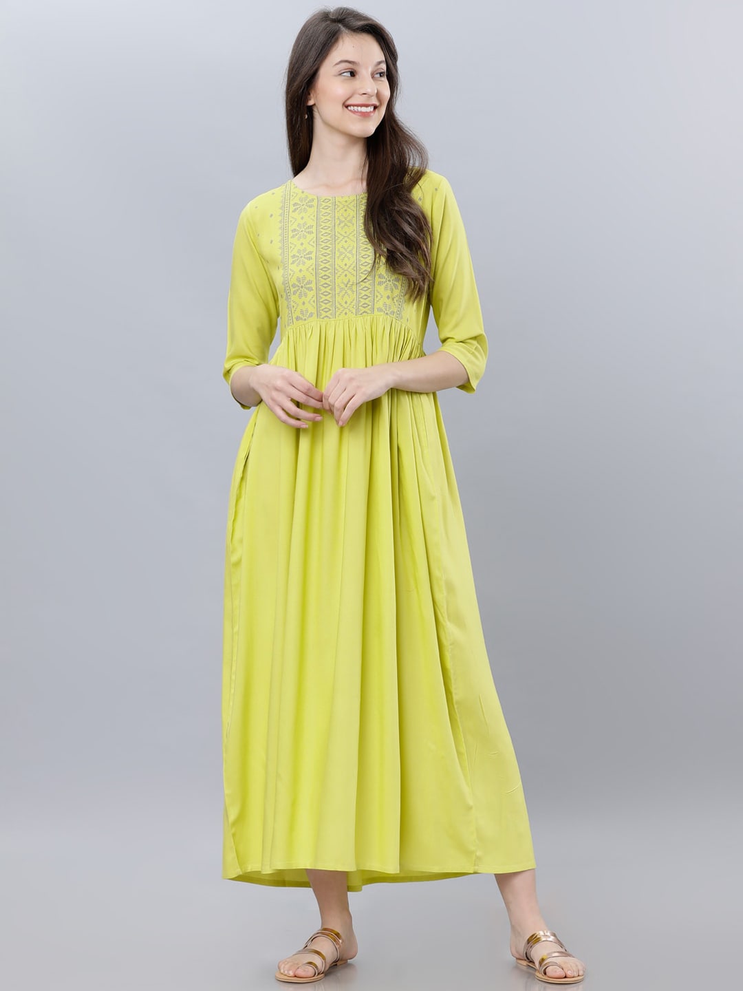 Vishudh Women Lime Green Embroidered Maxi Dress Price in India