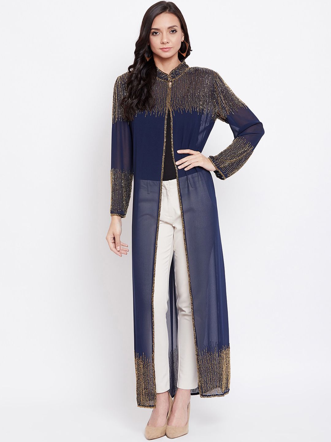 LE BOURGEOIS Women Navy Blue & Gold-Coloured Embellished Longline Shrug Price in India