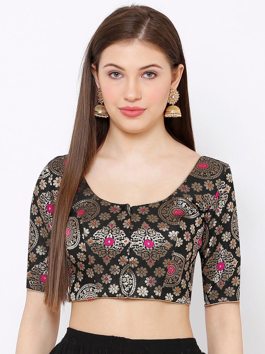 SALWAR STUDIO Women Black and Gold-Coloured Woven Design Padded Saree Blouse Price in India