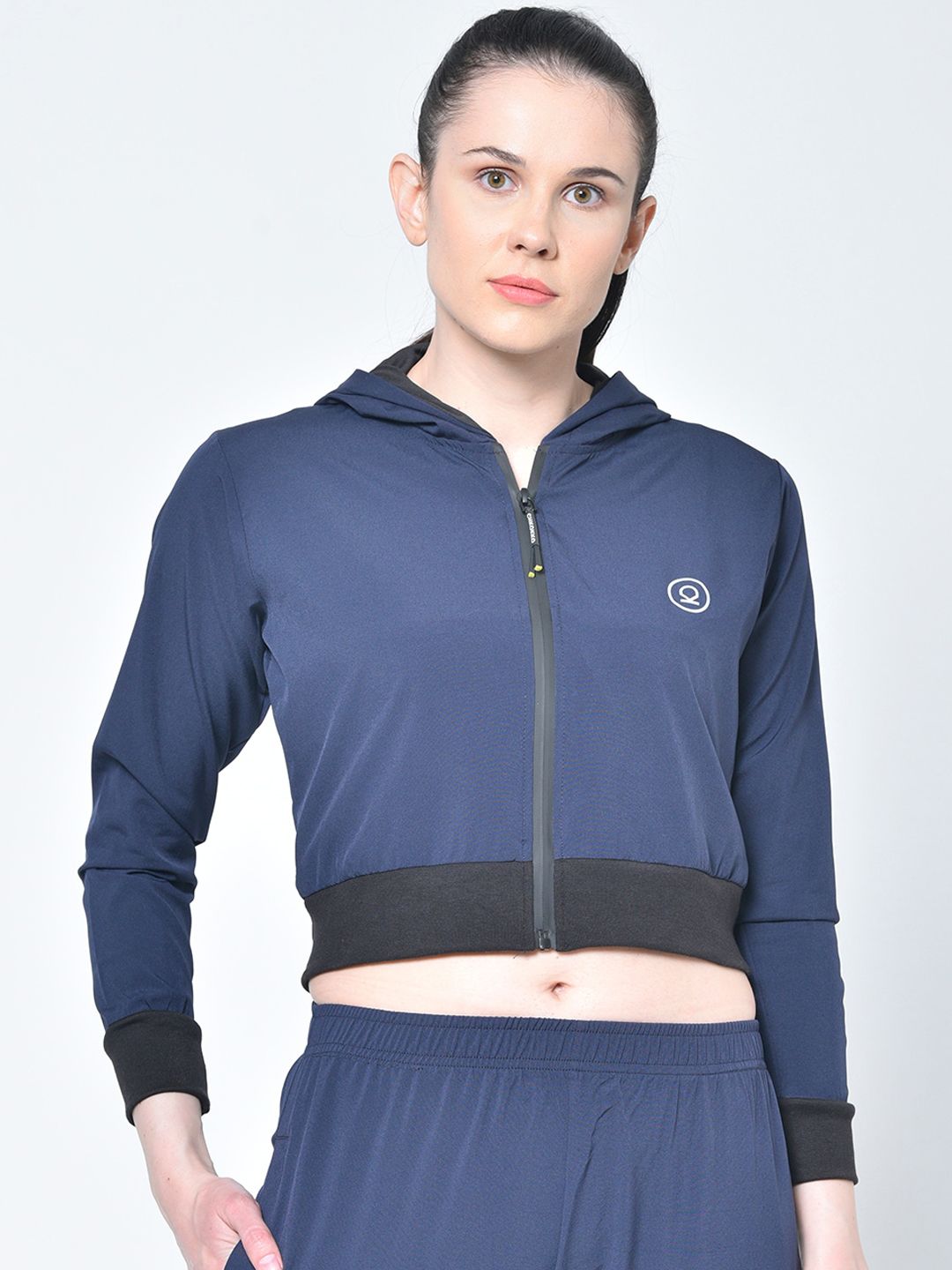 Chkokko Women Navy Blue Solid Crop Sporty Jacket Price in India
