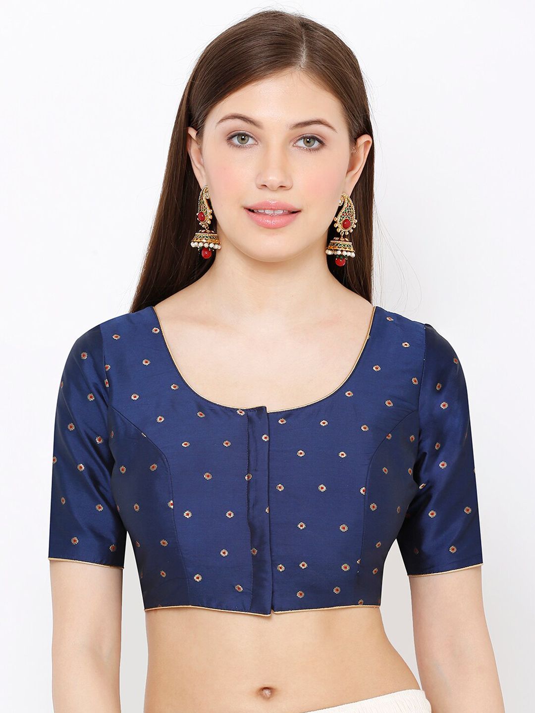 SALWAR STUDIO Women Navy Blue & Gold-Toned Woven Design Readymade Saree Blouse Price in India