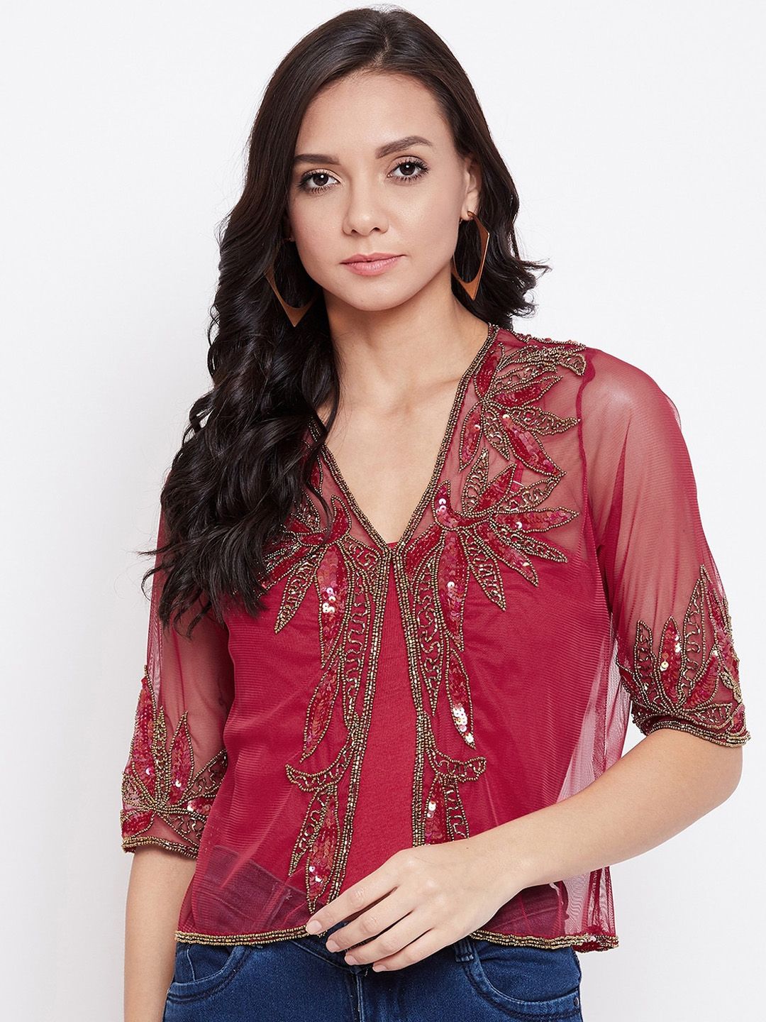 LE BOURGEOIS Women Maroon & Gold-Coloured Embellished Sheer Open Front Shrug Price in India