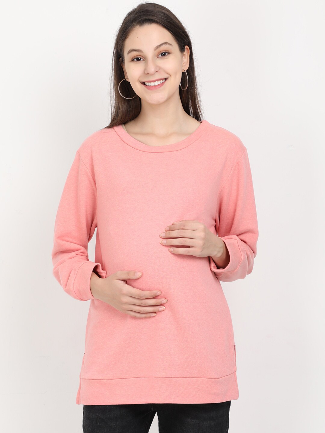 The Mom Store Women Peach-Coloured Solid Maternity Sweatshirt Price in India